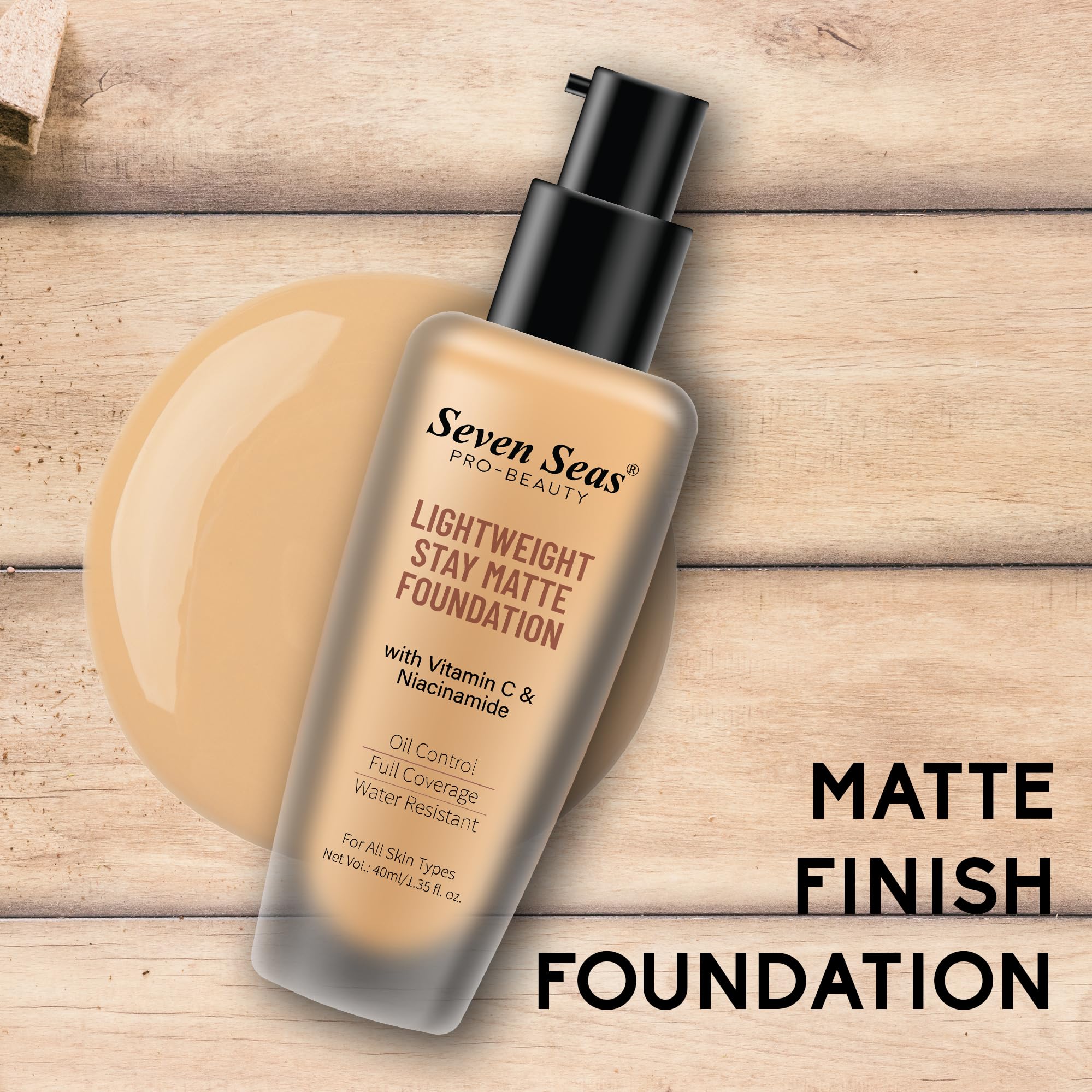 Seven Seas Stay Matte Lightweight Foundation - Oil Free, Full Coverage, SPF 15 - For All Skin Types | Non-Comedogenic & Hypoallergenic | Paraben-Free Makeup (Nude) | Perfect for Daily Wear & Special Occasions