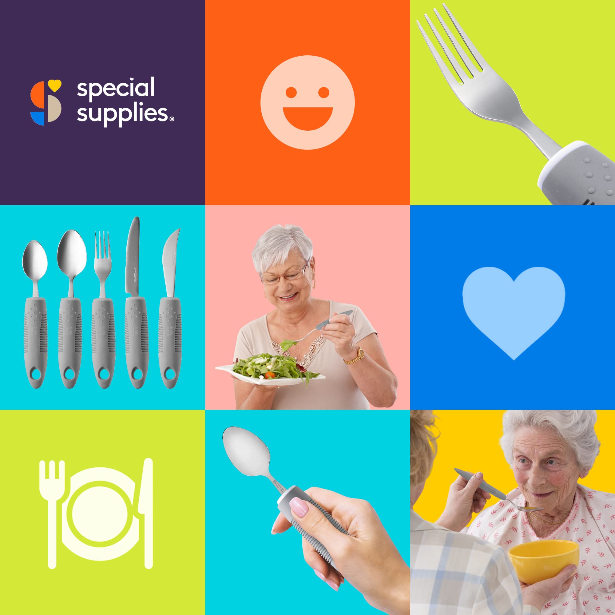 Special Supplies Adaptive Utensils (5-Piece Kitchen Set) - Wide Non-Slip Handles for Hand Tremors, Arthritis & Parkinson’s - Lightweight Ergonomic Silverware for Seniors & Disabled (Grey) - Ideal for Easy Eating & Independent Living