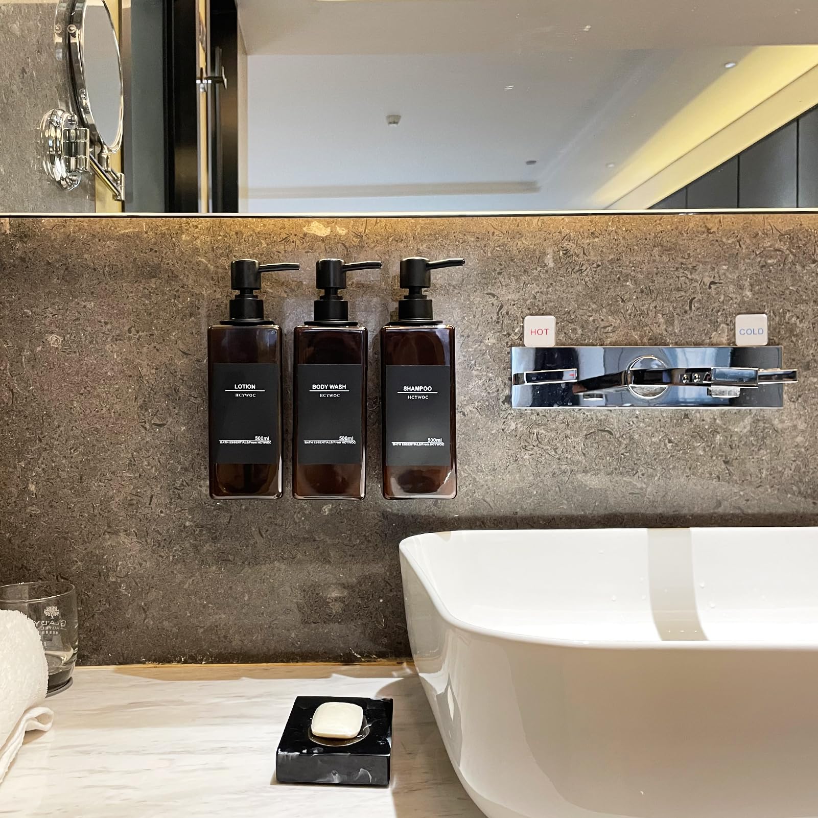 No Drill Shower Wall Mounted Shampoo & Conditioner Dispenser - 3 Chamber 17oz Black Amber, Waterproof Labels Included - Perfect for Bathroom, Gym, Spa & RV Use