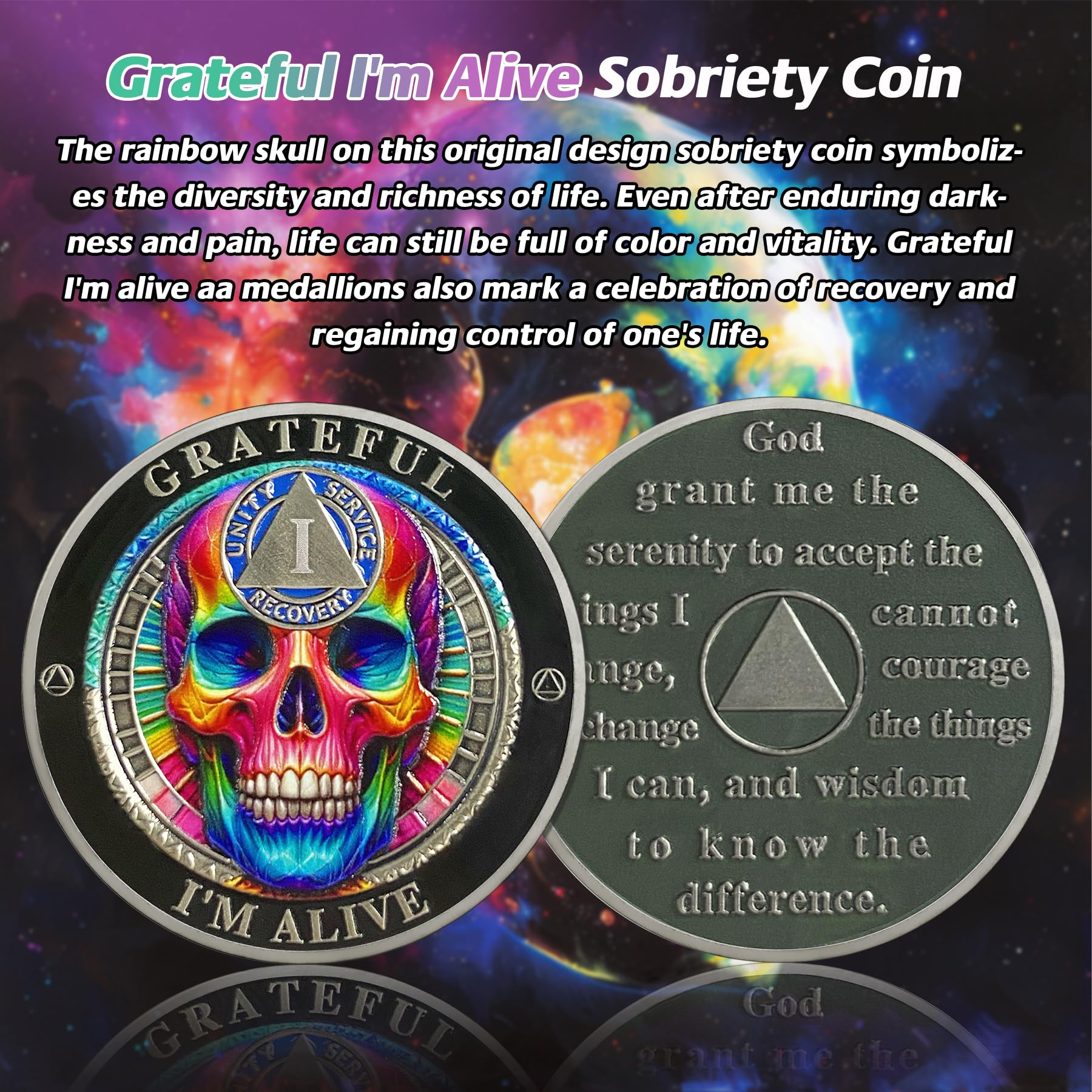 Rainbow Skull Sobriety Coin - 1 Year AA Recovery Medallion for Addiction Treatment - NA Chips & Alcoholics Anonymous Gifts for Men & Women - Celebrate Clean Living Milestones (1-10 Years) - Perfect for AA Meetings, 12-Step Programs & Inspirational Recovery Gifts
