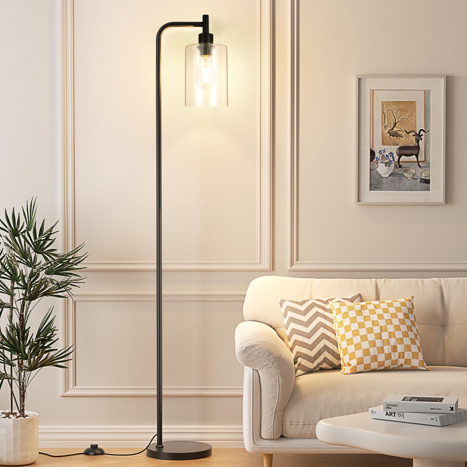 Industrial Floor Lamp with Glass Shade - Black LED Standing Light with Foot Pedal Switch & Easy Assembly | Modern Lighting for Living Room, Office, Reading Nook & Bedroom