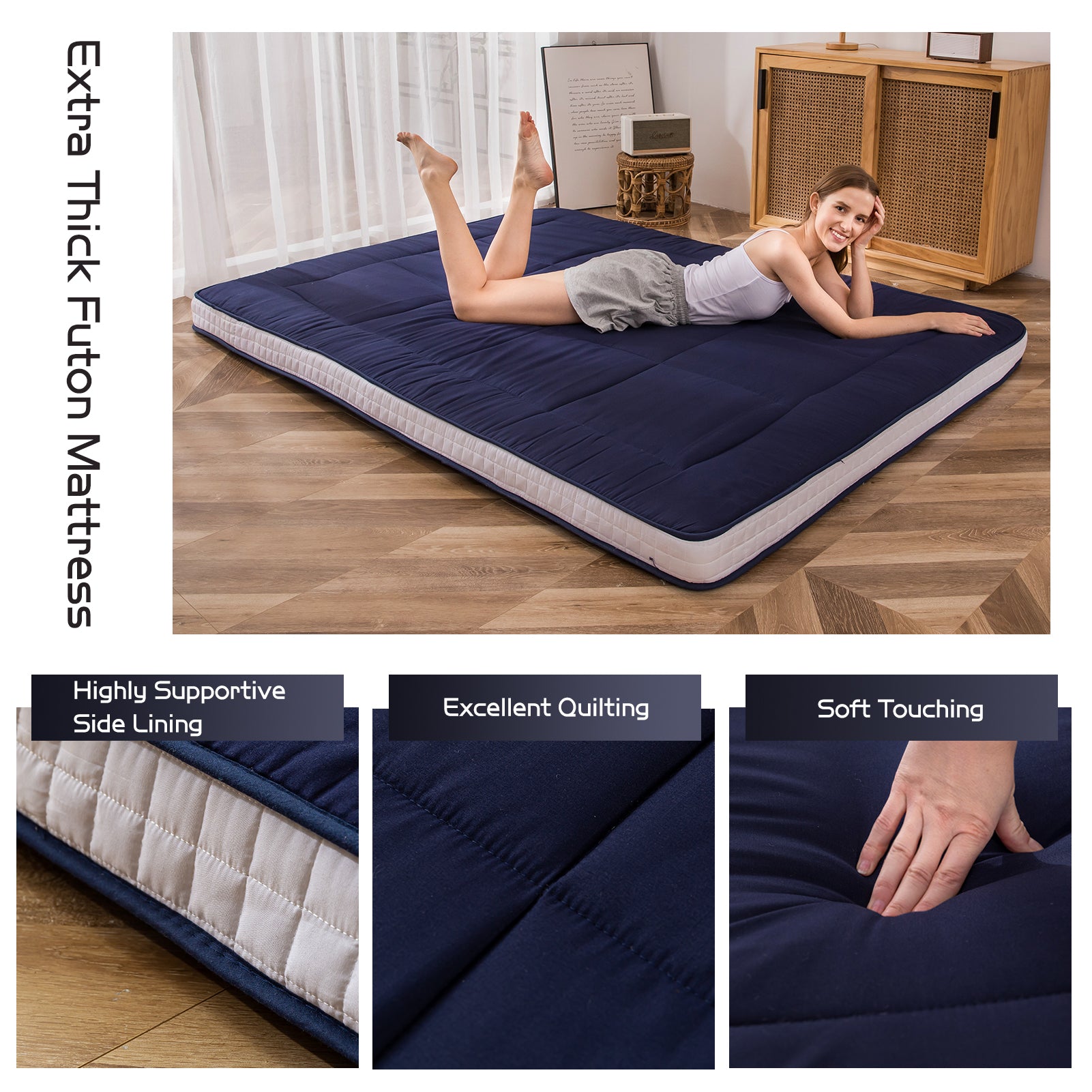 MAXYOYO Japanese Floor Futon Mattress - Thick Padded & Portable Navy Blue Floor Bed for Guest Room, Dorm, Camping & Travel