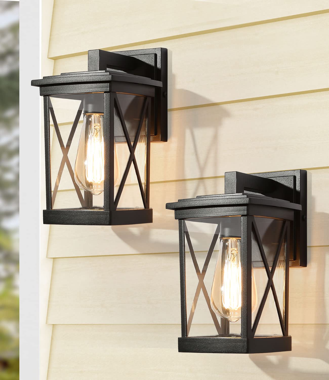 LALUZ 2 Pack Black Farmhouse Outdoor Porch Lights with Clear Glass - Rust-Resistant Rectangle Exterior Light Fixtures for Garage, Front Door, Yard (11 Inch) - Perfect for Country Homes, Patios & Entryway Lighting