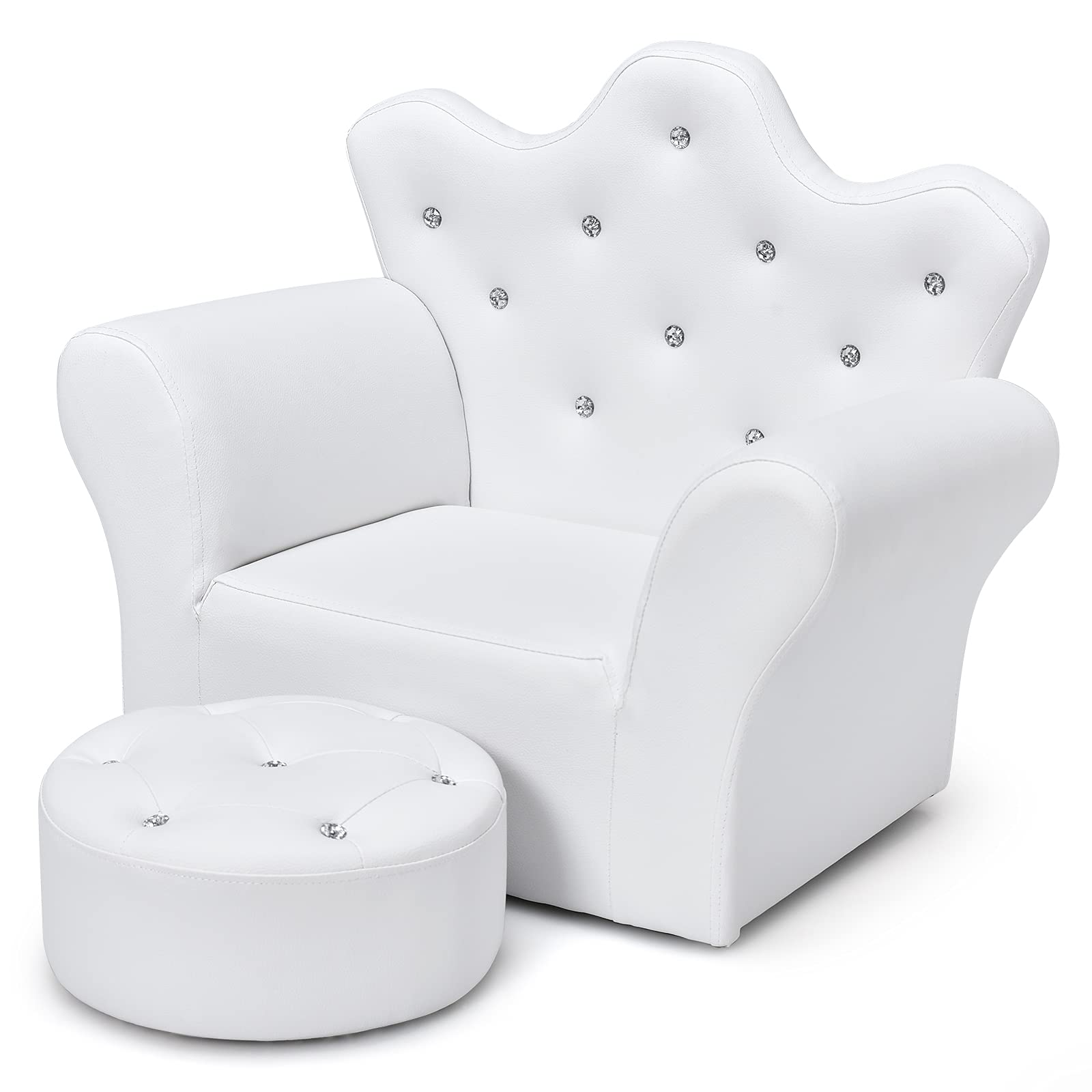GLACER Kids Sofa with Ottoman - White PVC Leather Upholstered Crown-Back Armchair with Embedded Crystals, Princess Chair for Toddler Girls & Boys, Children's Furniture for Playroom, Bedroom & Nursery Decor