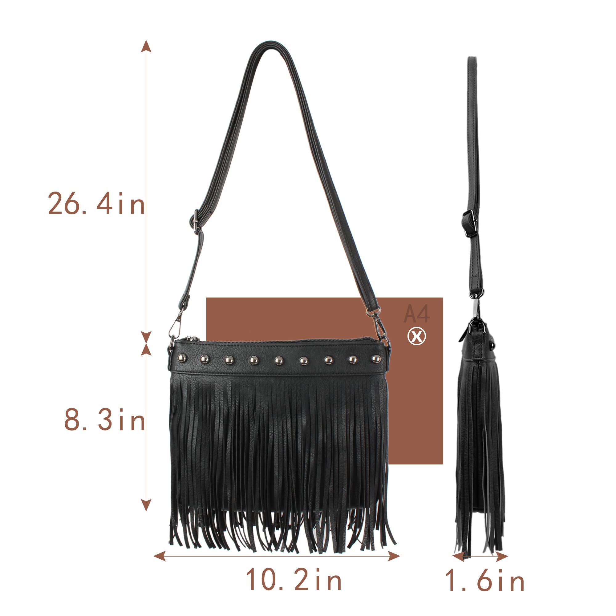 Minache Women's Fringe Crossbody Shoulder Bag with Rivet & Tassel Details - Stylish Messenger Purse for Casual Outings, Parties, and Daily Use