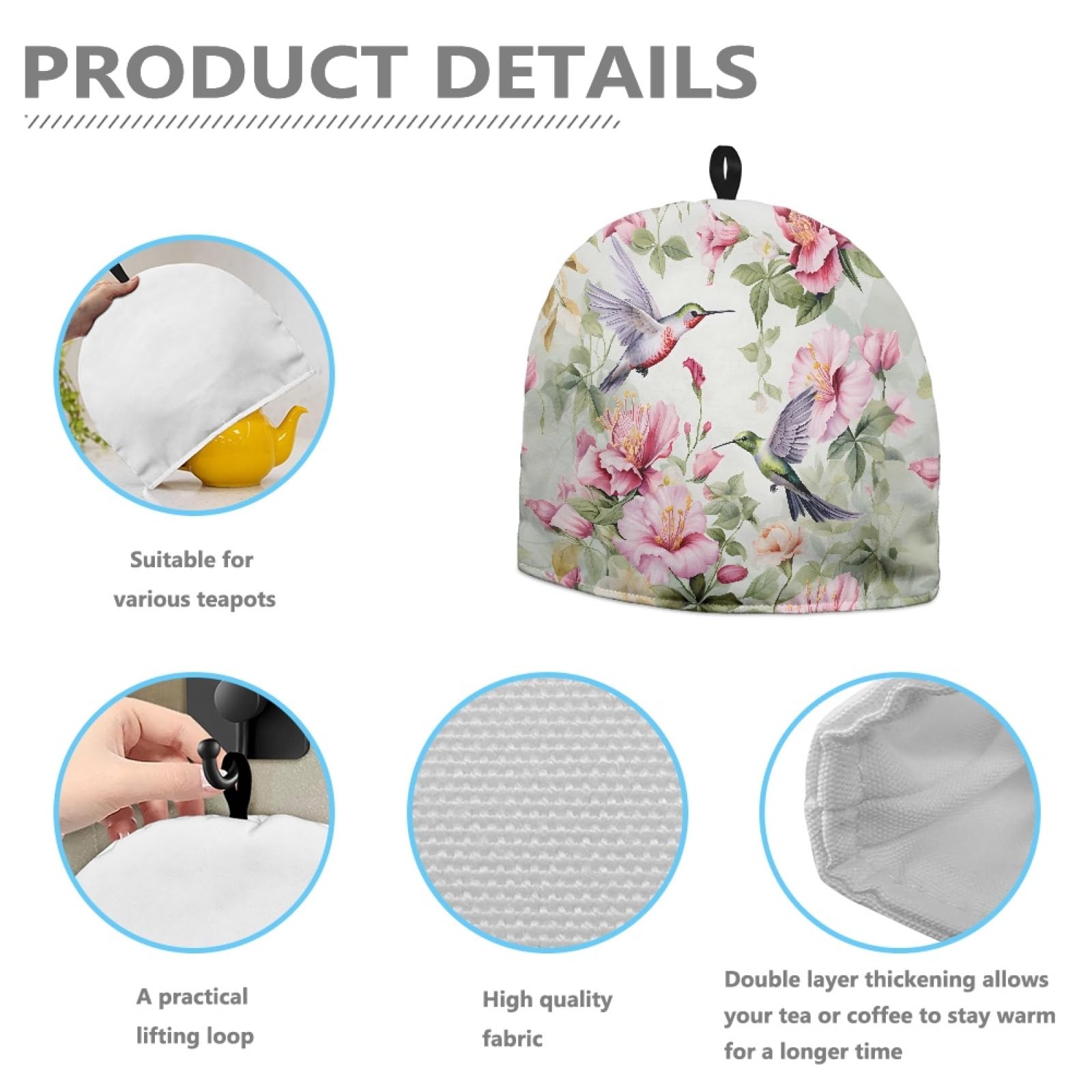 Hummingbird Floral Tea Cozy for Teapot - Thick Insulated Tea Kettle Cover - Home Kitchen Decor Accessory - Perfect for Afternoon Tea Parties & Cozy Kitchen Decor