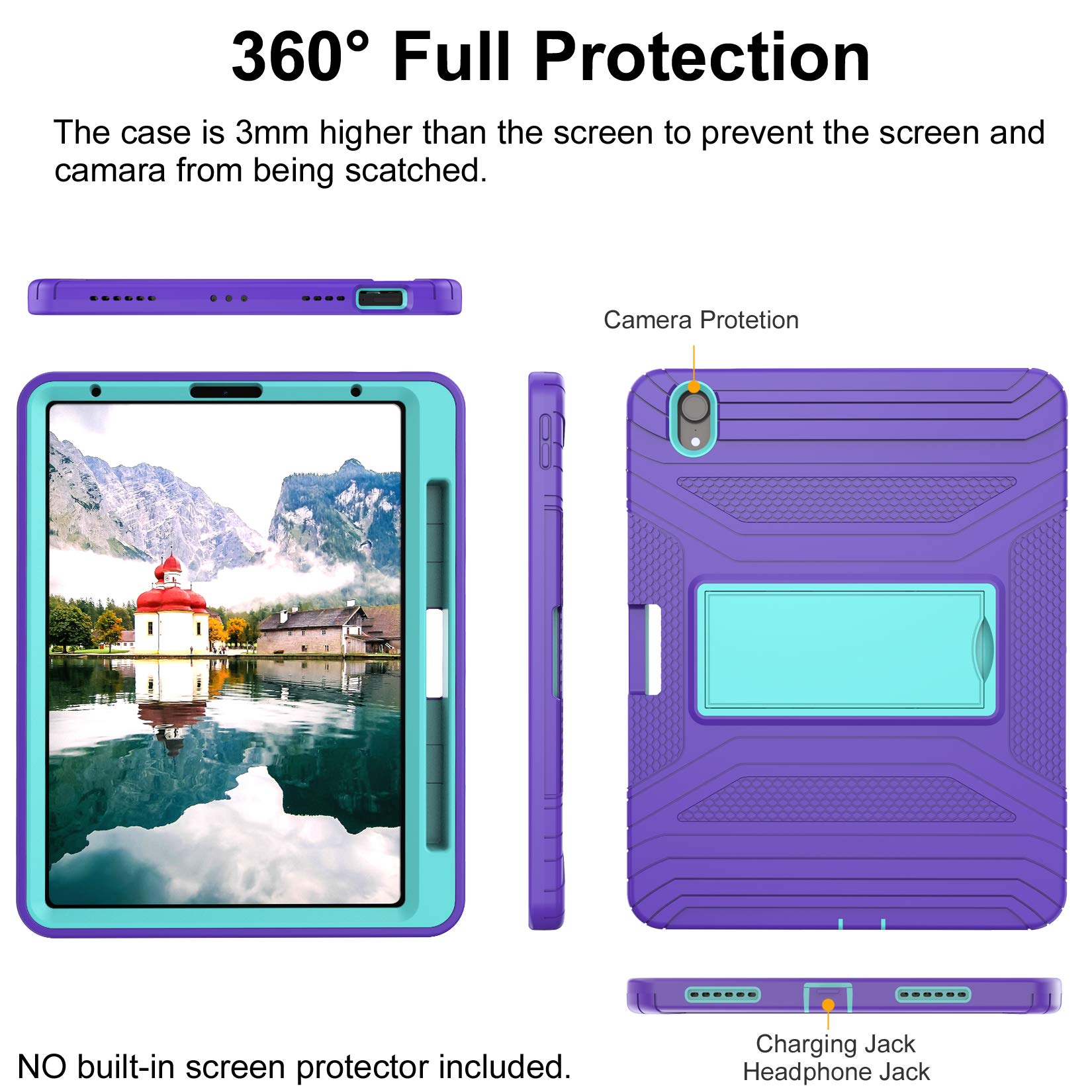 Premium Shockproof iPad Air 4 Case 2020 & iPad 10.9 Case - 3-Layer Protective Cover with 2nd Gen Apple Pencil Holder & Wireless Charging Support | Durable Purple/Cyan Case for iPad Air 4th Generation | Perfect for Work, Travel & School Use