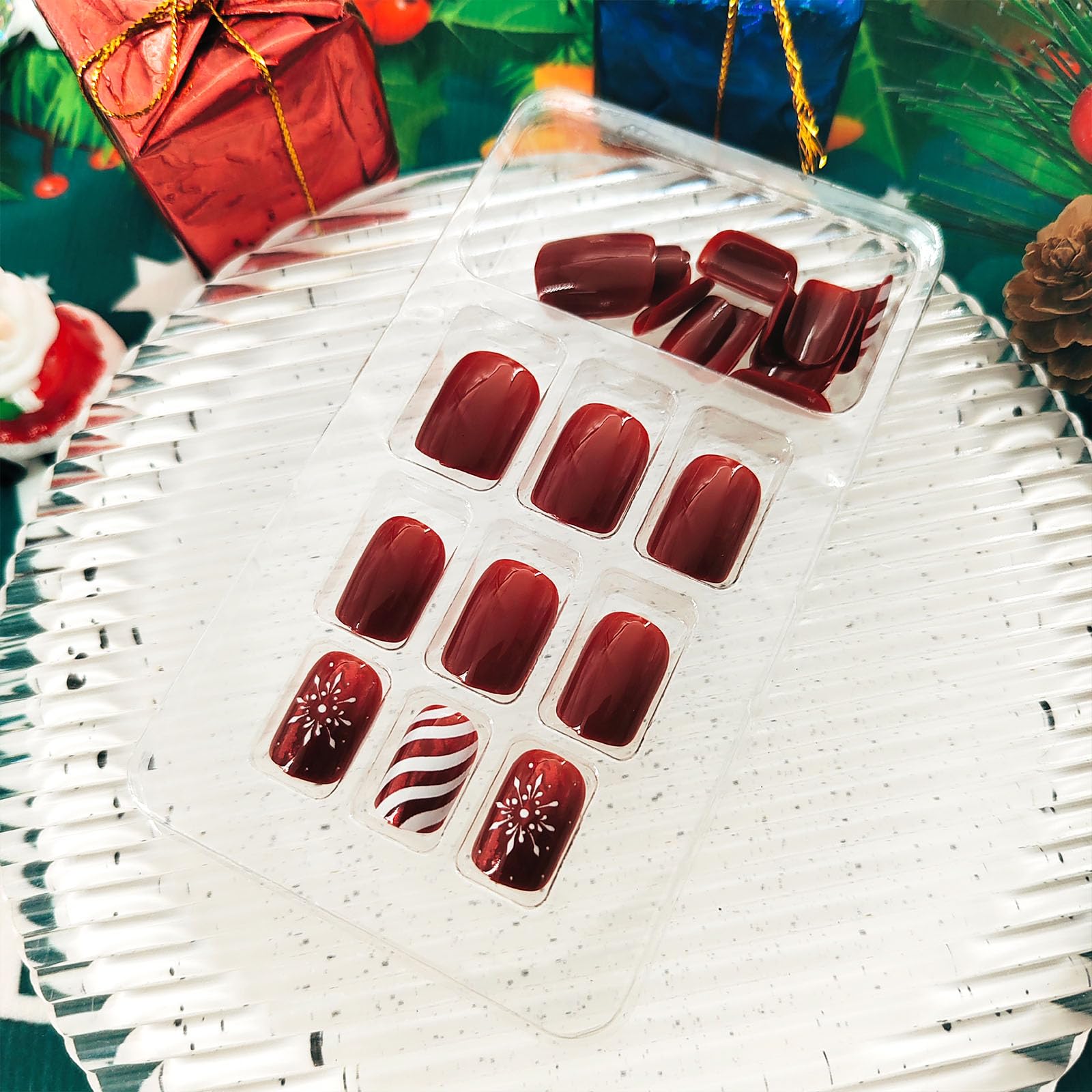 Christmas Press on Nails Short Square - Red Fake Nails with Snowflake & Candy Stripe Design - 24PCS Glossy Acrylic Full Cover False Nails - Winter Xmas Glue on Nails for Women & Girls - Perfect for Holiday Parties, Gift Giving & Festive Nail Art