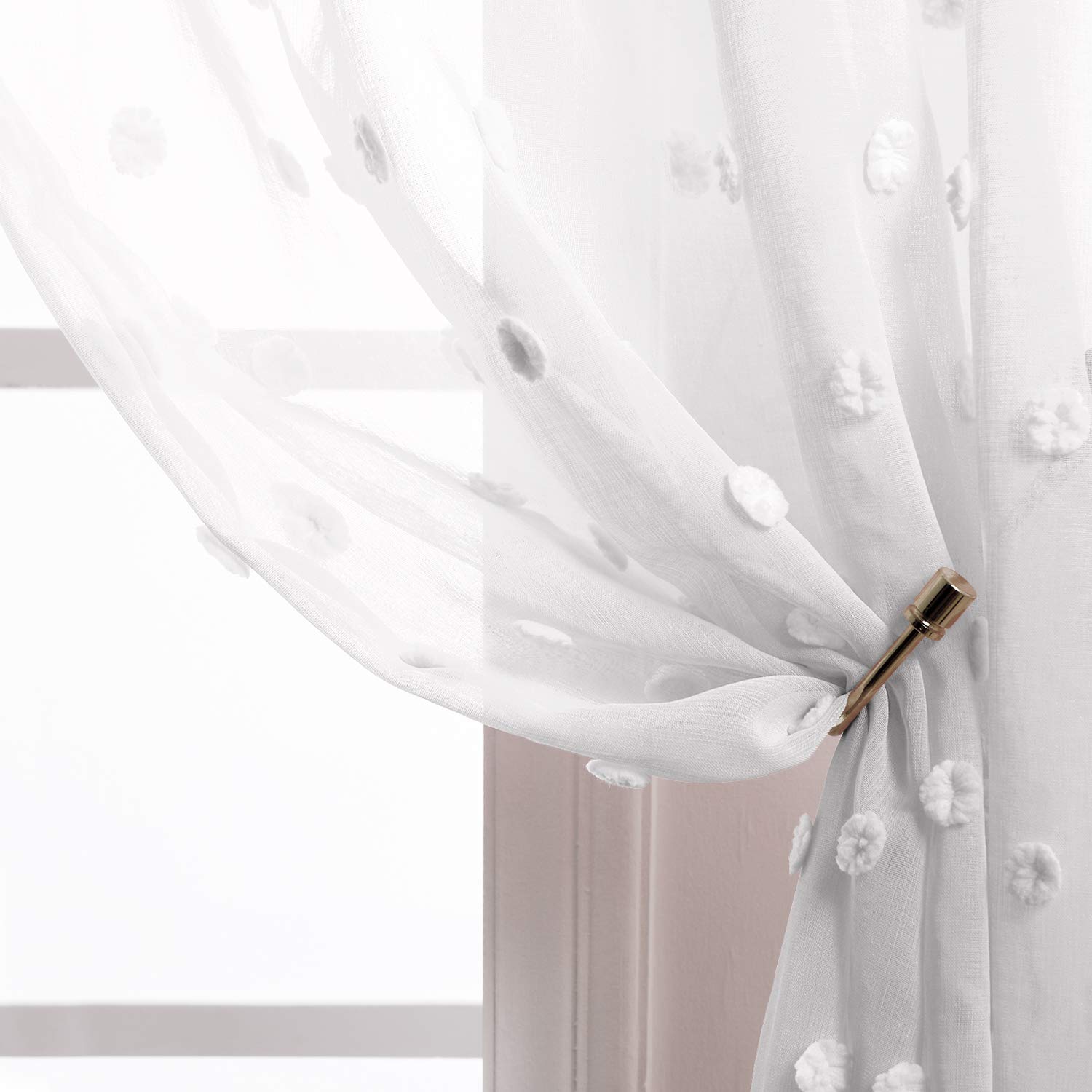 Farmhouse Short Curtains 30 Inch Length - Sheer Kitchen Window Treatments Set - Shabby Chic Modern Snow Pom Textured Cafe Valance - Small French Country Decor for Bathroom, RV & Camper - White - Perfect for Cozy Kitchens, Rustic Bathrooms and Travel Trailers