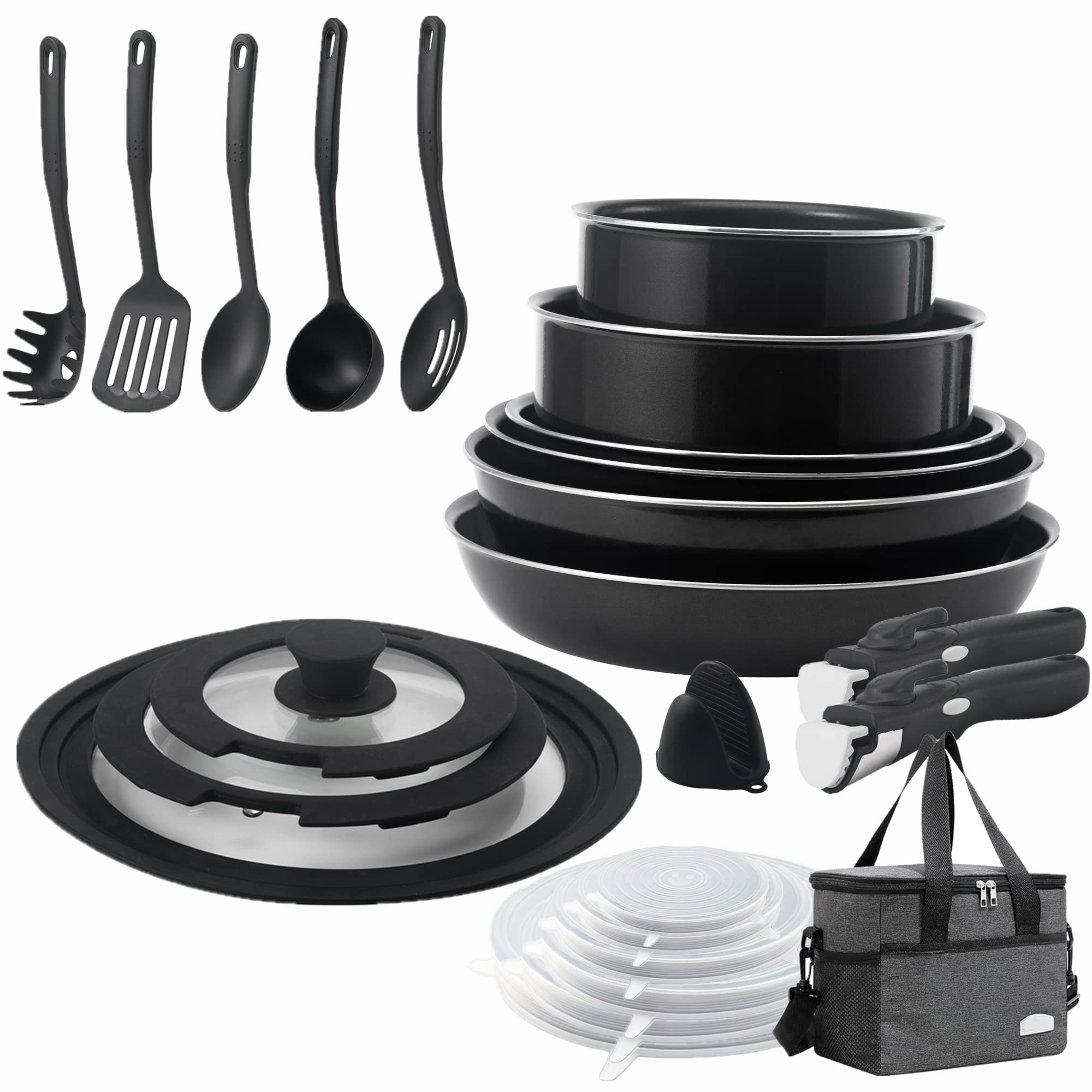 24-Piece Non-Stick Cookware Set with Insulated Lunch Bag - Stackable Pots & Pans with Removable Handles - Induction & Dishwasher Safe - Perfect for RV Camping, Small Kitchens & Outdoor Cooking
