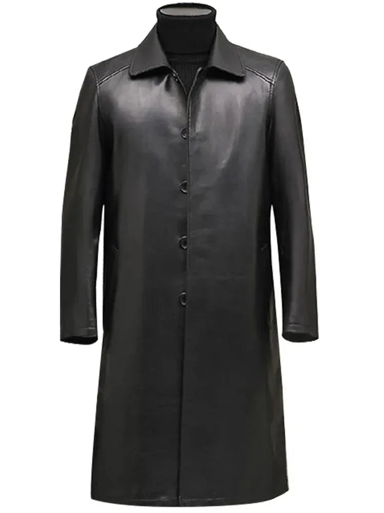 Premium Men's Genuine Leather Overcoat - Classic Long Trench Coat for Winter, Business & Formal Occasions
