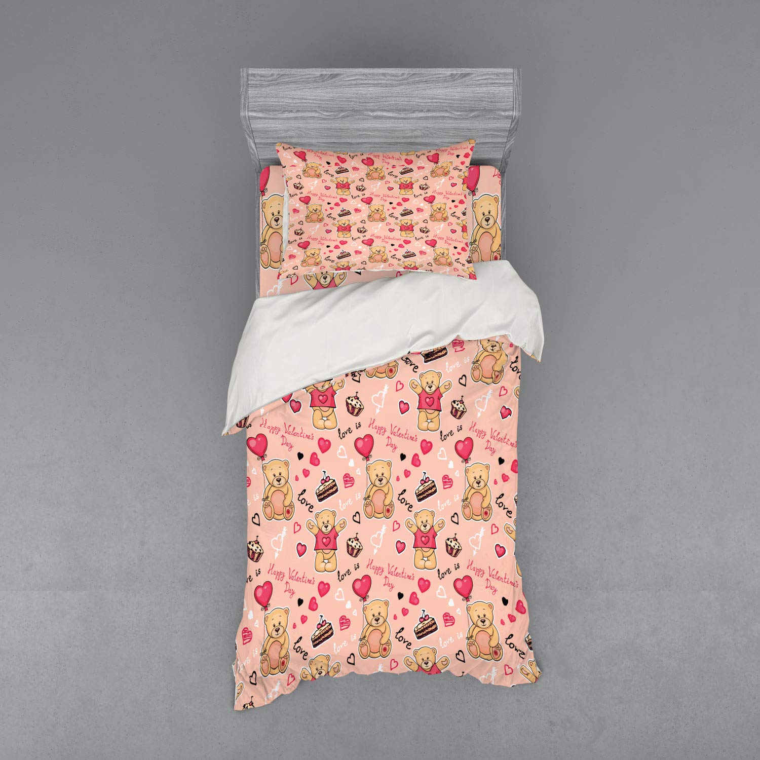 Ambesonne Valentine's Day Bedding Set - 3 Piece Duvet Cover with Sham & Fitted Sheet, Twin Size, Coral Brown Peach - Romantic Teddy Bear & Cake Design for Couples Bedroom Decor
