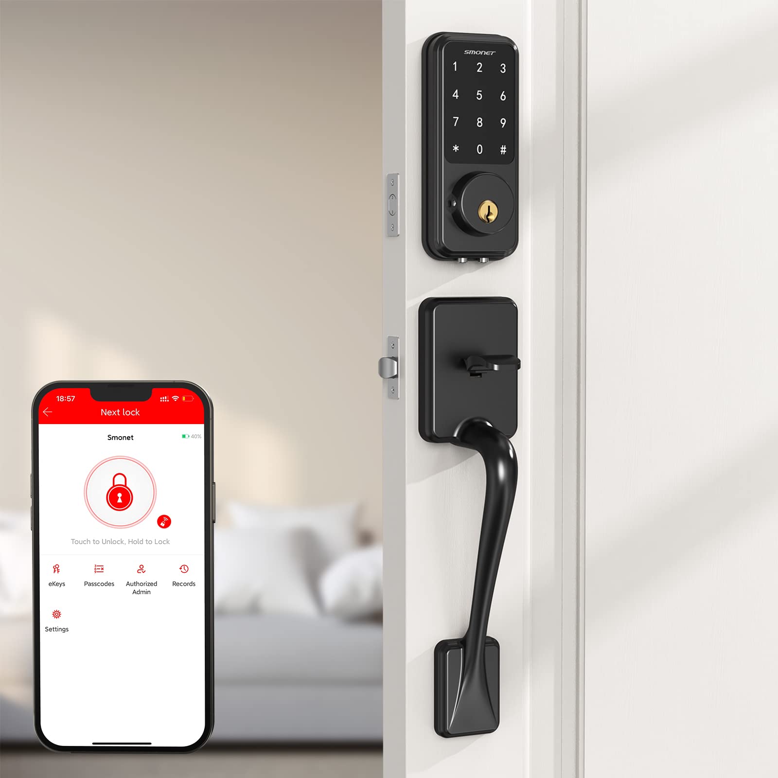 SMONET Smart Lock - Touchscreen Keypad Deadbolt with WiFi & Bluetooth, Keyless Entry Door Lock for Home & Office, Alexa Compatible - Secure Front Door Access for Vacation Rentals, Airbnb & Apartments