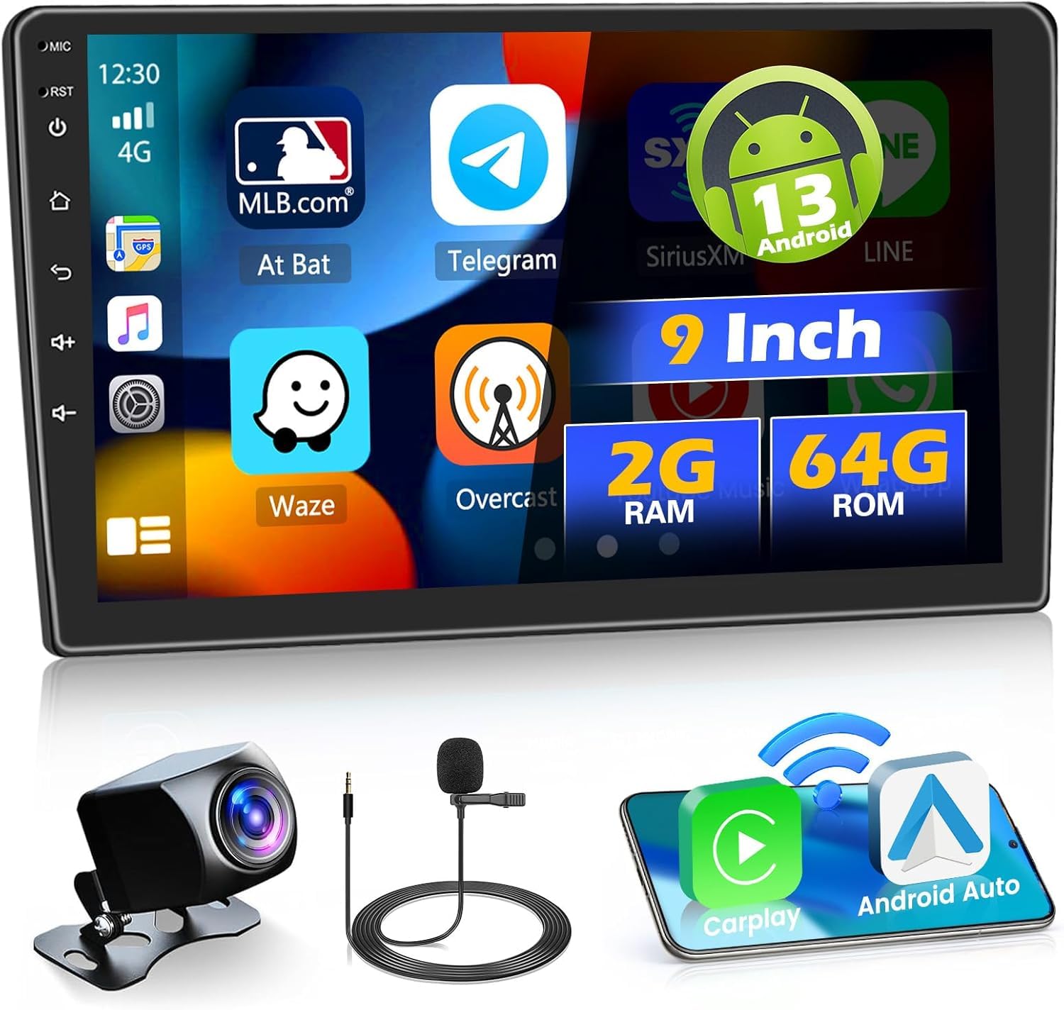 Hikity 2+64GB Android 13 Double Din Car Stereo with Wireless CarPlay & Android Auto - 9 Inch Touch Screen Bluetooth GPS WiFi FM RDS SWC Mic AHD Backup Camera Voice Control - Perfect for Car Audio Upgrade & Hands-Free Driving