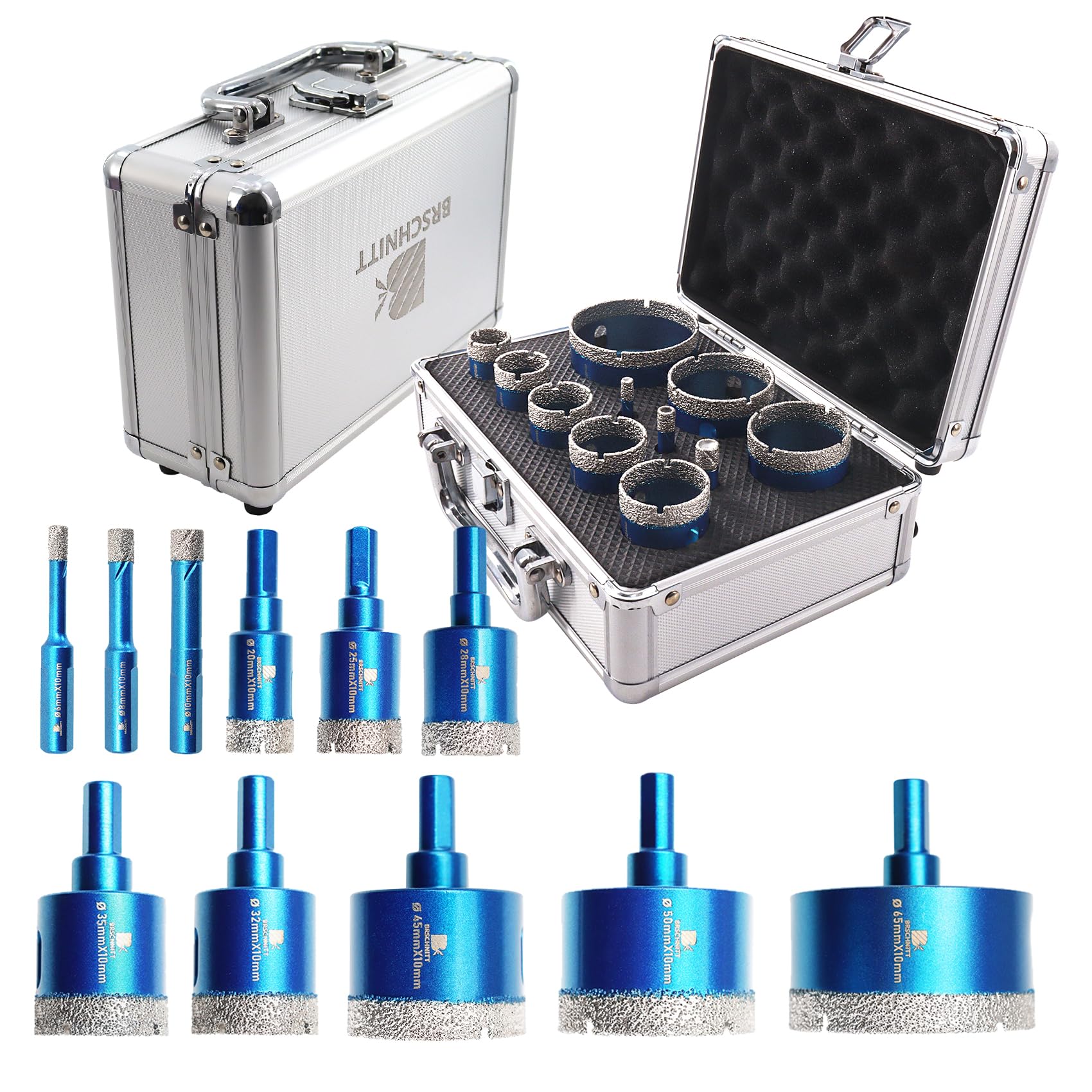 Premium Diamond Core Drill Bit Set - BRSCHNITT 11pcs Diamond Hole Saw Kit for Porcelain Tile, Ceramic, Marble & Granite (6-65mm) | Professional Triangle Shank Drill Bits for Bathroom Renovation, Kitchen Backsplash & Stone Crafting Projects