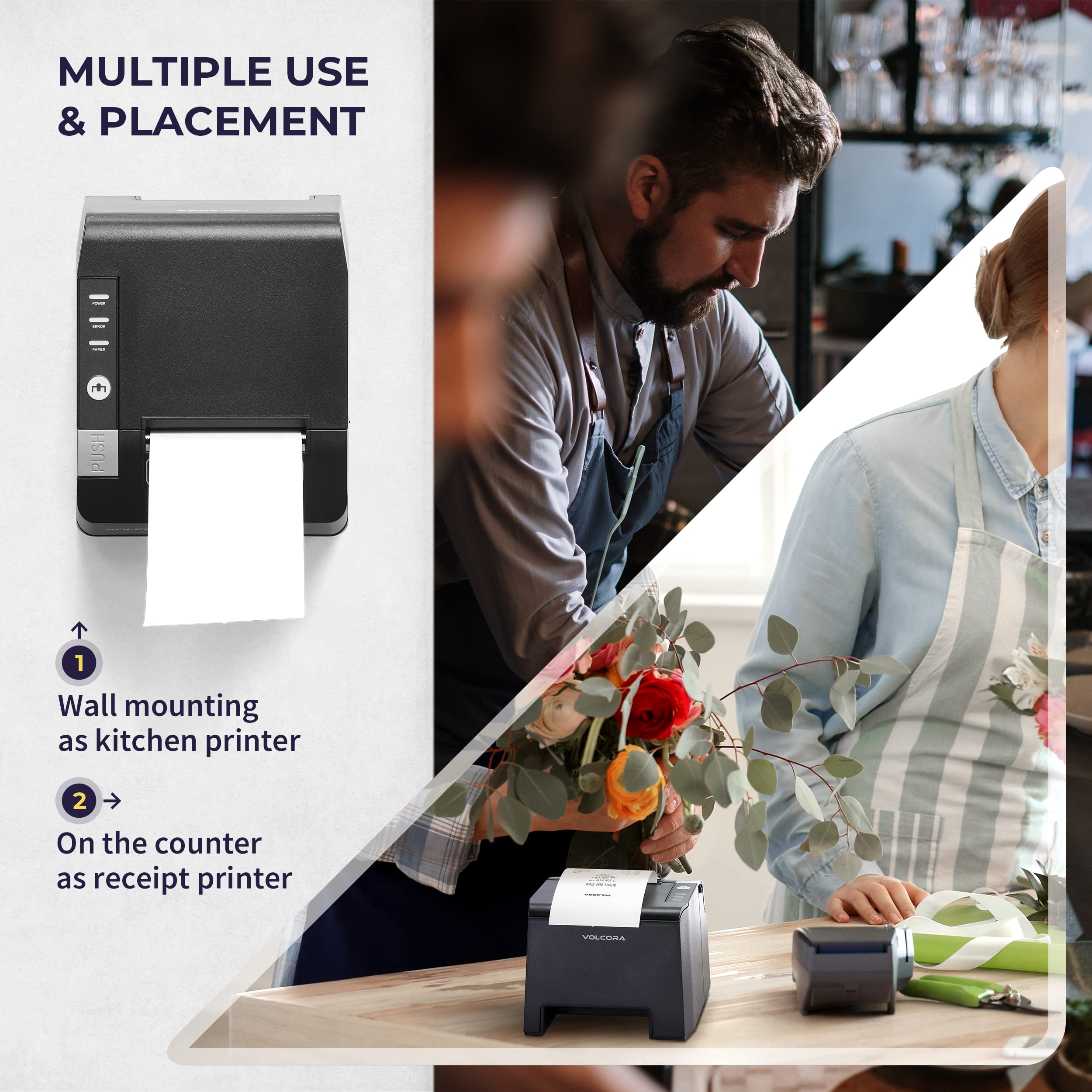 Volcora 80mm Thermal Receipt Printer with Auto Cutter - USB/Bluetooth POS Printer for Windows, Mac, Linux - ESC/POS Compatible for Cash Drawer - High-Speed Kitchen & Retail Receipt Printer - Wall Mountable (Black) - Perfect for Restaurants, Retail Stores, and Small Businesses