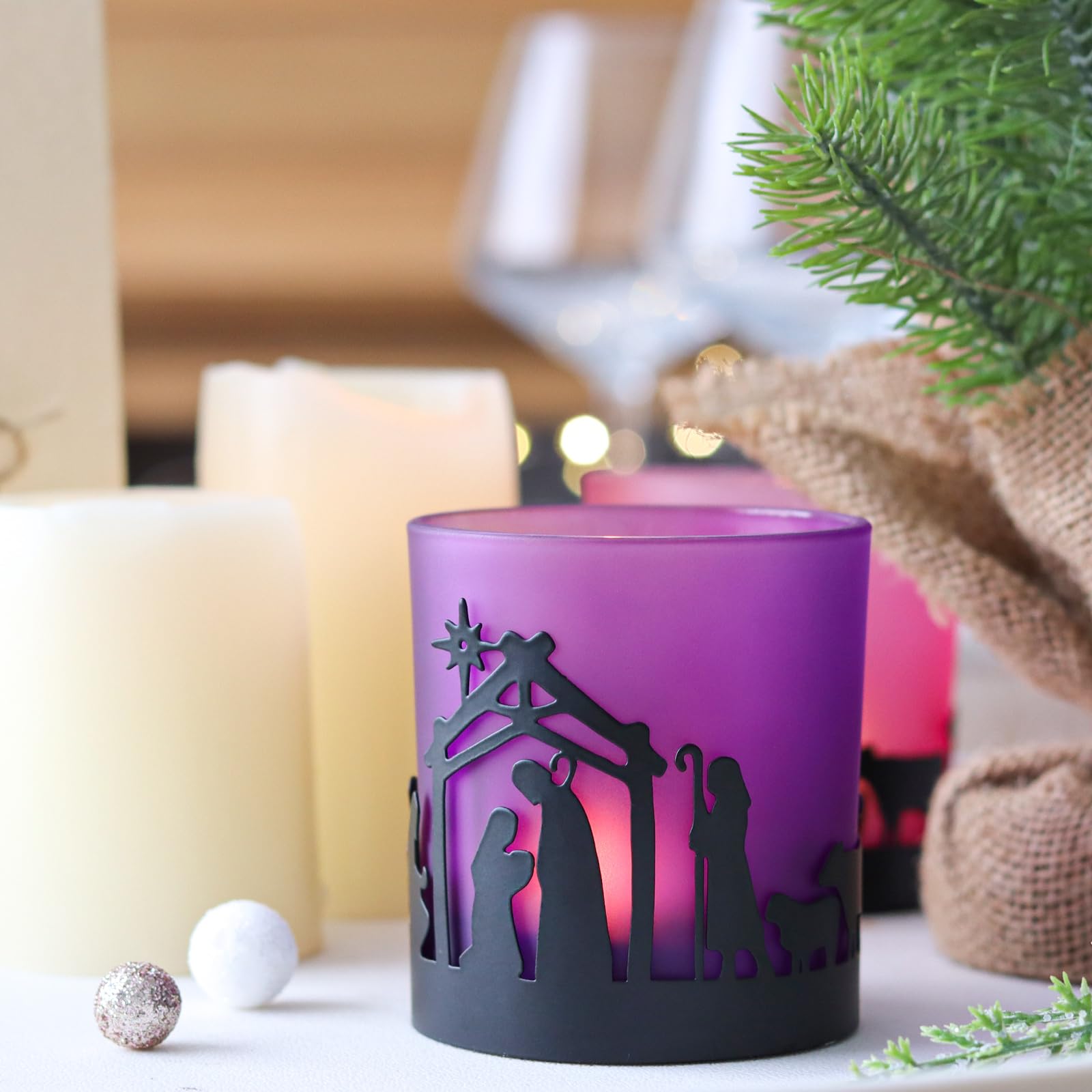 Advent Christmas Candle Holder Set - Glass Votive Tealight Candle Holders for Holiday Decor, Wreath Centerpiece - Perfect for Mantel, Table Decorations & Festive Home Decor (Set of 4)
