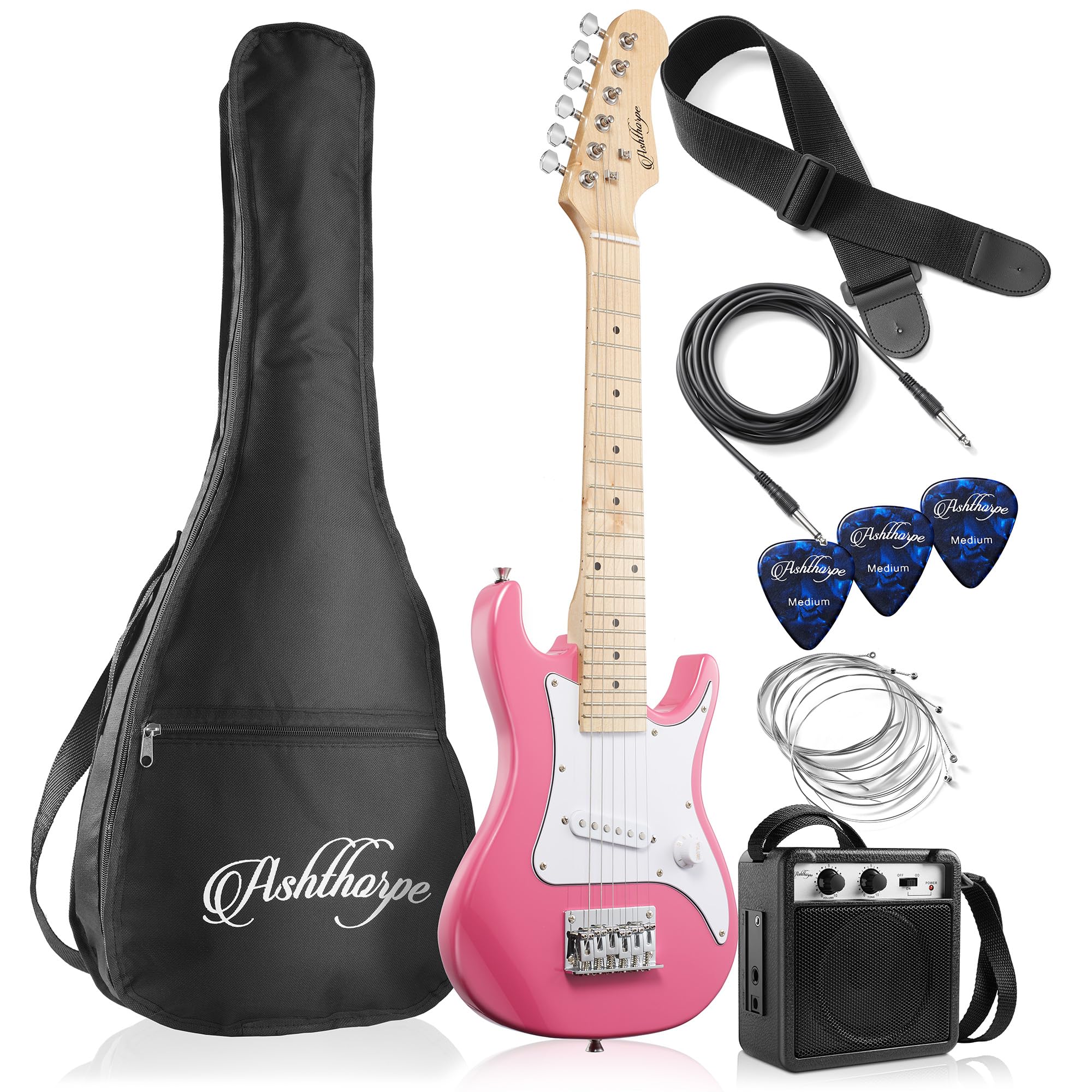 Ashthorpe 30-inch Beginner Electric Guitar Kit with 10W Amplifier - Pink Starter Package Includes Gig Bag, Strings, Strap & Picks - Perfect for Teens, Adults & Music Lessons at Home or School