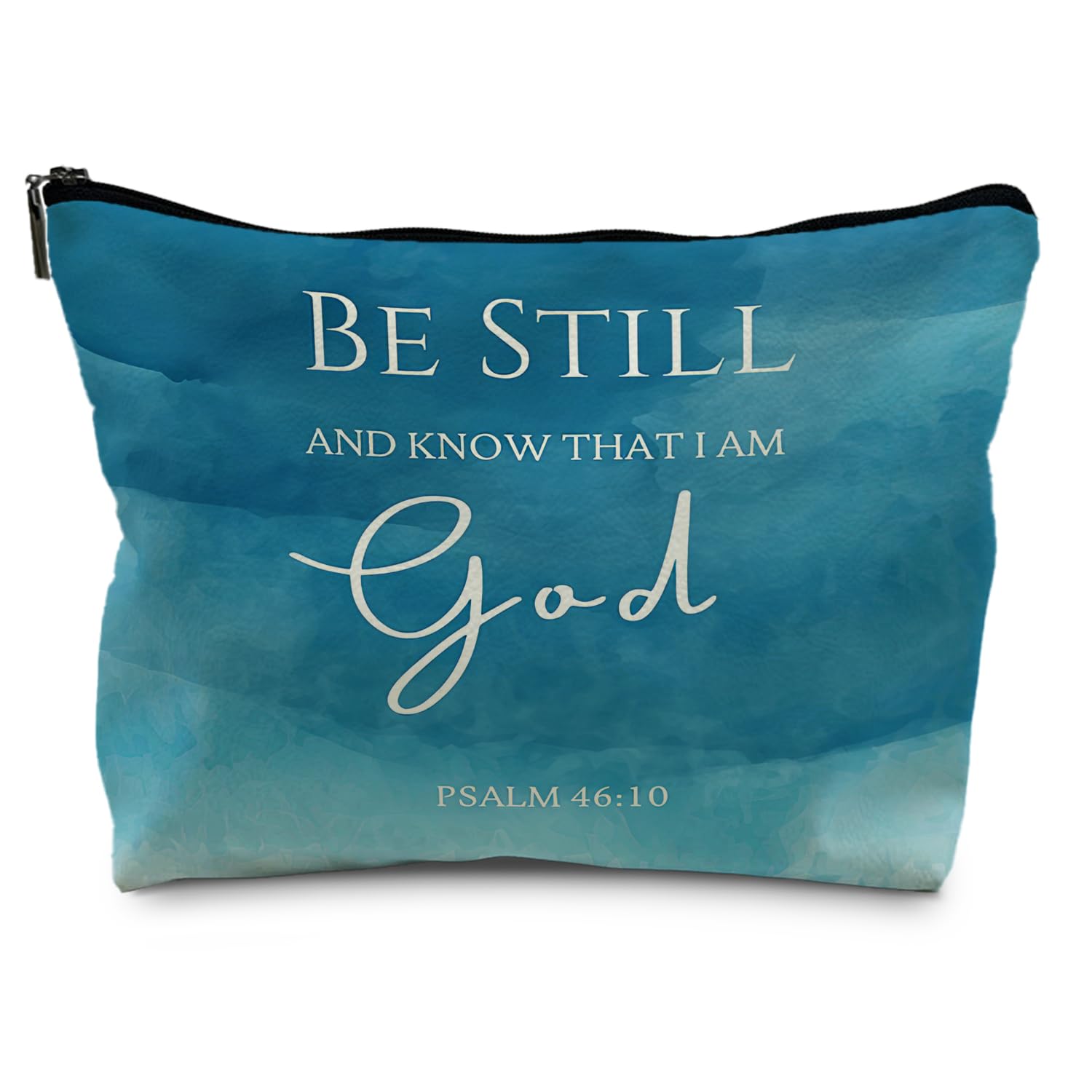Christian Leather Makeup Bag with Bible Verse 'Be Still and Know That I Am God' - Scripture Gift for Women, Blue Pu Cosmetic Pouch - Perfect for Church, Travel & Daily Devotional Use