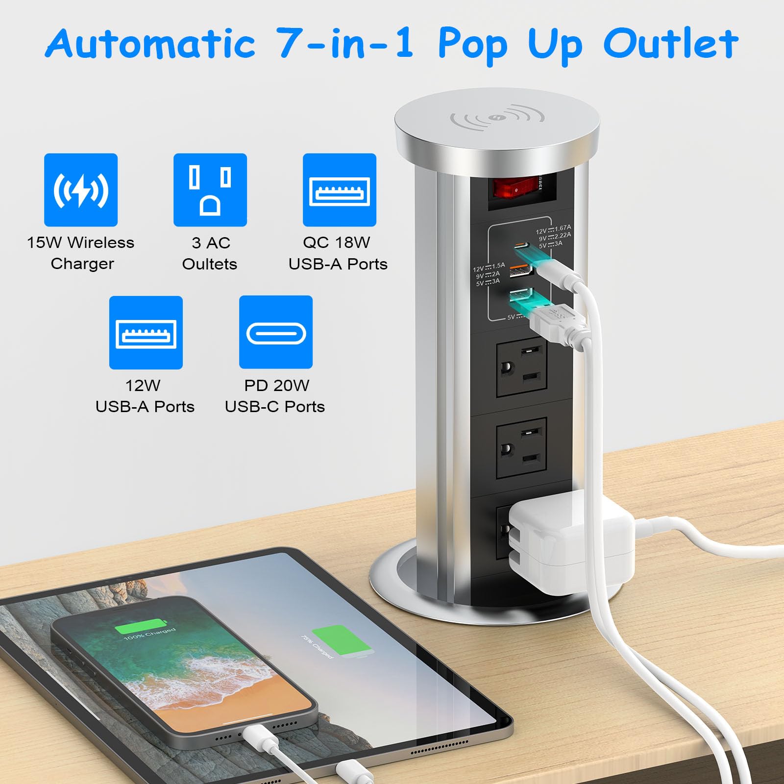 XBA Pop Up Outlet for Countertop - 4 Inch Recessed Power Strip with 15W Wireless Charger, PD 20W USB C, 2 USB A Ports & 3 AC Outlets - Hidden Electrical Outlet with 6FT Extension Cord - Perfect for Kitchen, Office, Conference Room & Home Use (Black)