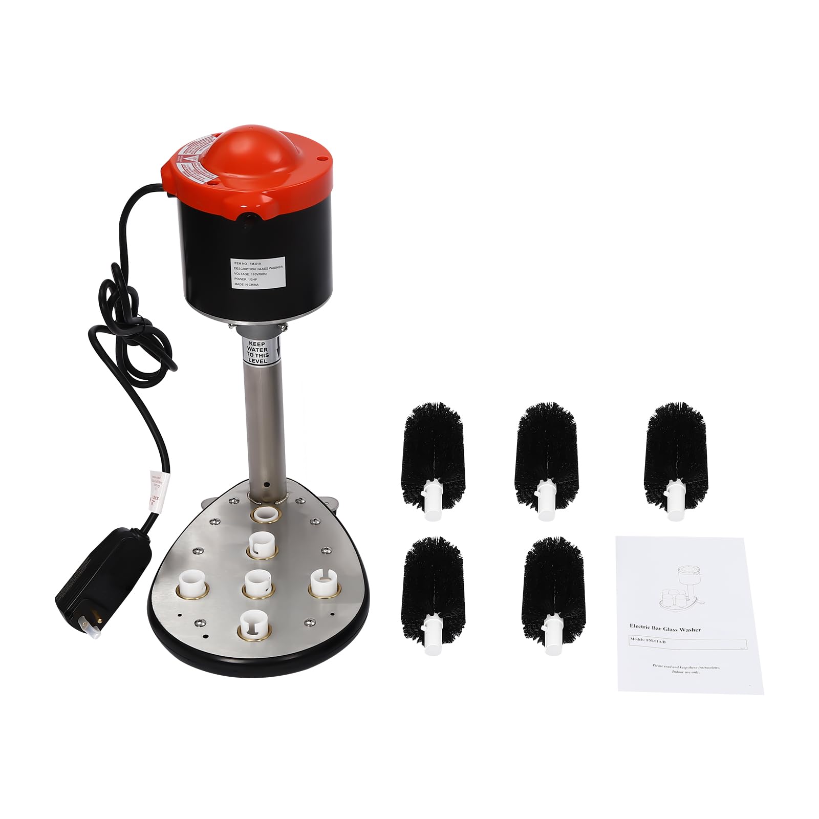 Commercial Electric Glass Washer Machine with 5 Cup Brushes - 800 Cups/Hour Capacity for 1.89-3.94 Inch Diameter Glasses - Perfect for Home Bars, Restaurants & Cafes (Red, Silver, Black Options) - Ideal for Quick Glass Cleaning in High-Volume Settings