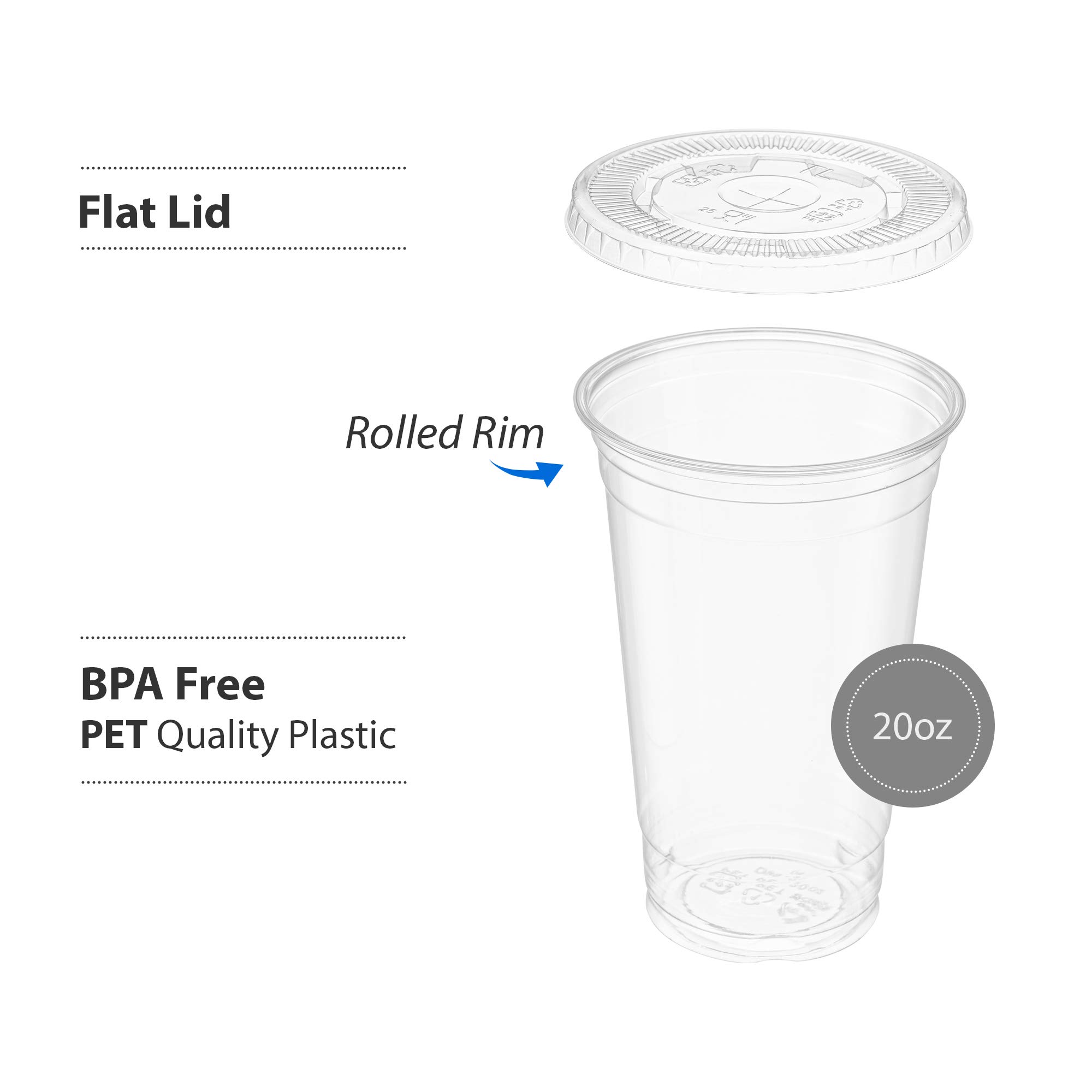 50 Sets - 20 Oz Clear PET Plastic Cups with Lids for Iced Coffee, Cold Drinks, Milkshakes, Smoothies - Disposable Party Cups for Events, BBQs, Picnics & Home Use
