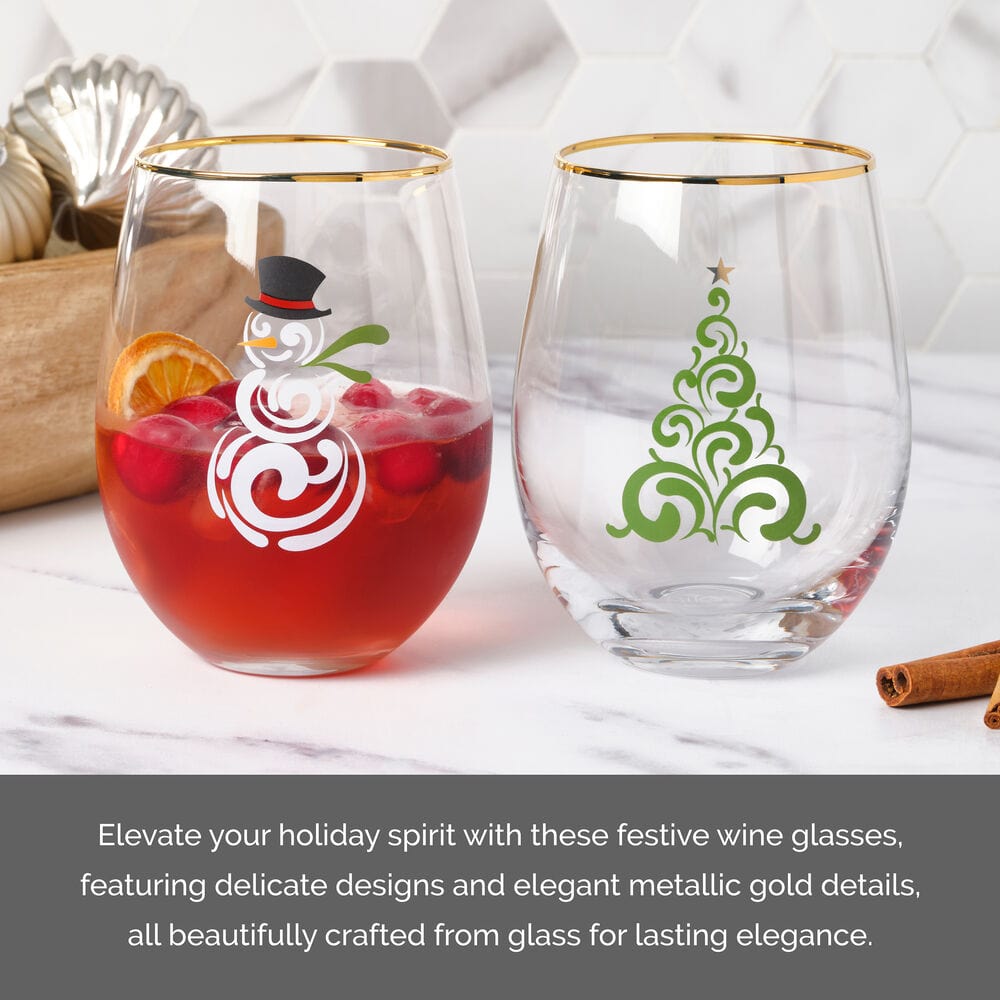 Stemless Wine Glasses Set of 2 - Christmas Tree and Snowman Design for Holiday Parties, Gifts & Home Decor
