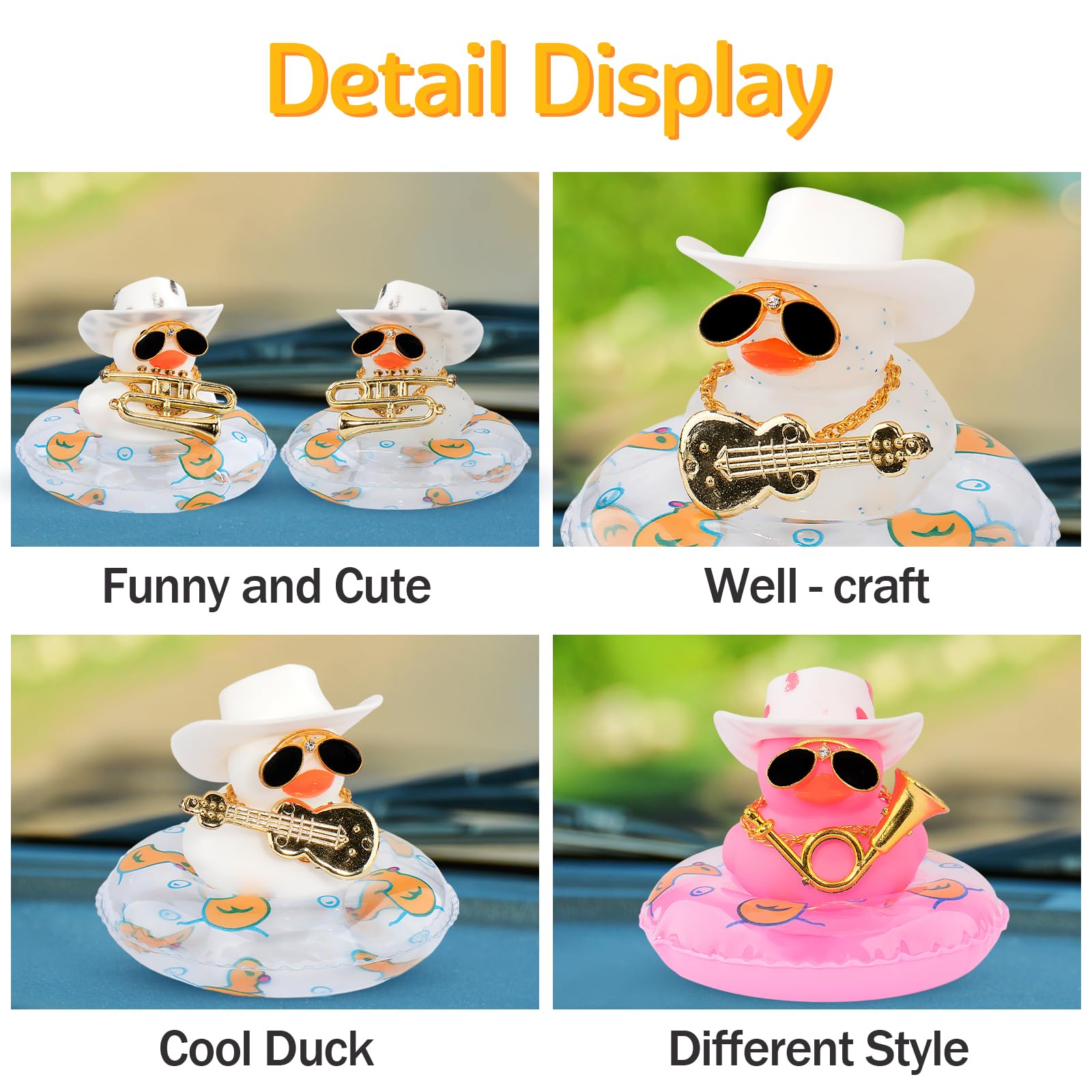 Wonuu Car Dashboard Rubber Duck Decoration - Fun Car Accessory with Mini Hat, Necklace, Sunglasses & Musical Instrument (White Cowboy Hat Style) - Perfect for Car Interior Decoration, Gifts & Road Trip Fun