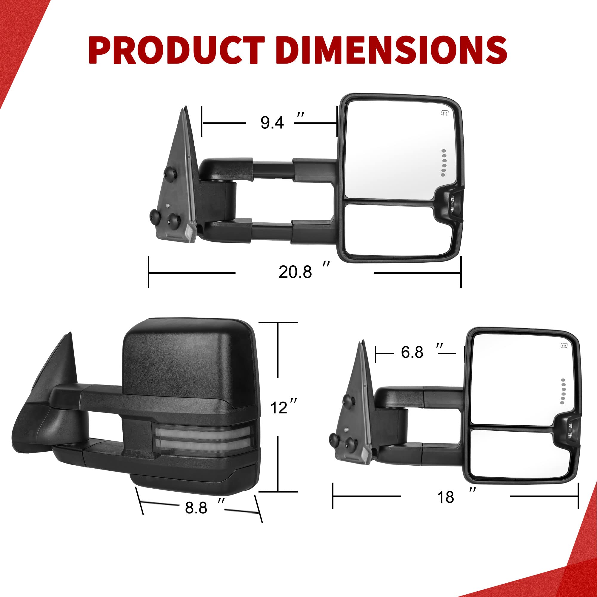 YITAMOTOR Power Heated LED Towing Mirrors for 2003-2006 Chevy Silverado GMC Sierra 1500/2500/3500 & 03-06 Tahoe Suburban Yukon - Dynamic Turn Signal Lights, Black Mirror Pair - Perfect for Towing, Off-Roading & Night Driving
