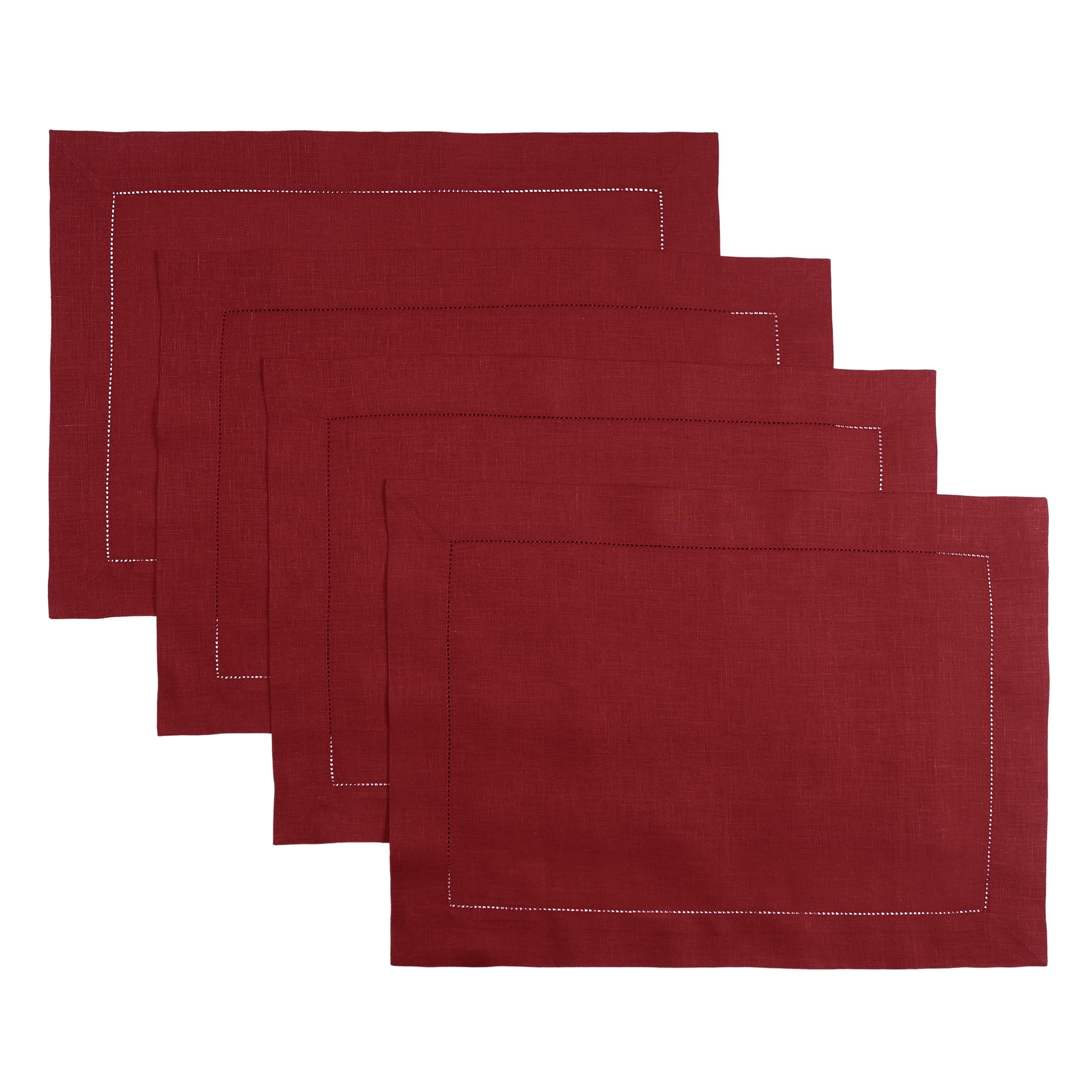D'Moksha Homes 100% Pure Linen Placemats Set of 4 - 14x19 Inch Red Table Mats with Classic Hemstitch, Washable & Durable for Easter, Thanksgiving, Christmas Dinner & Home Decor