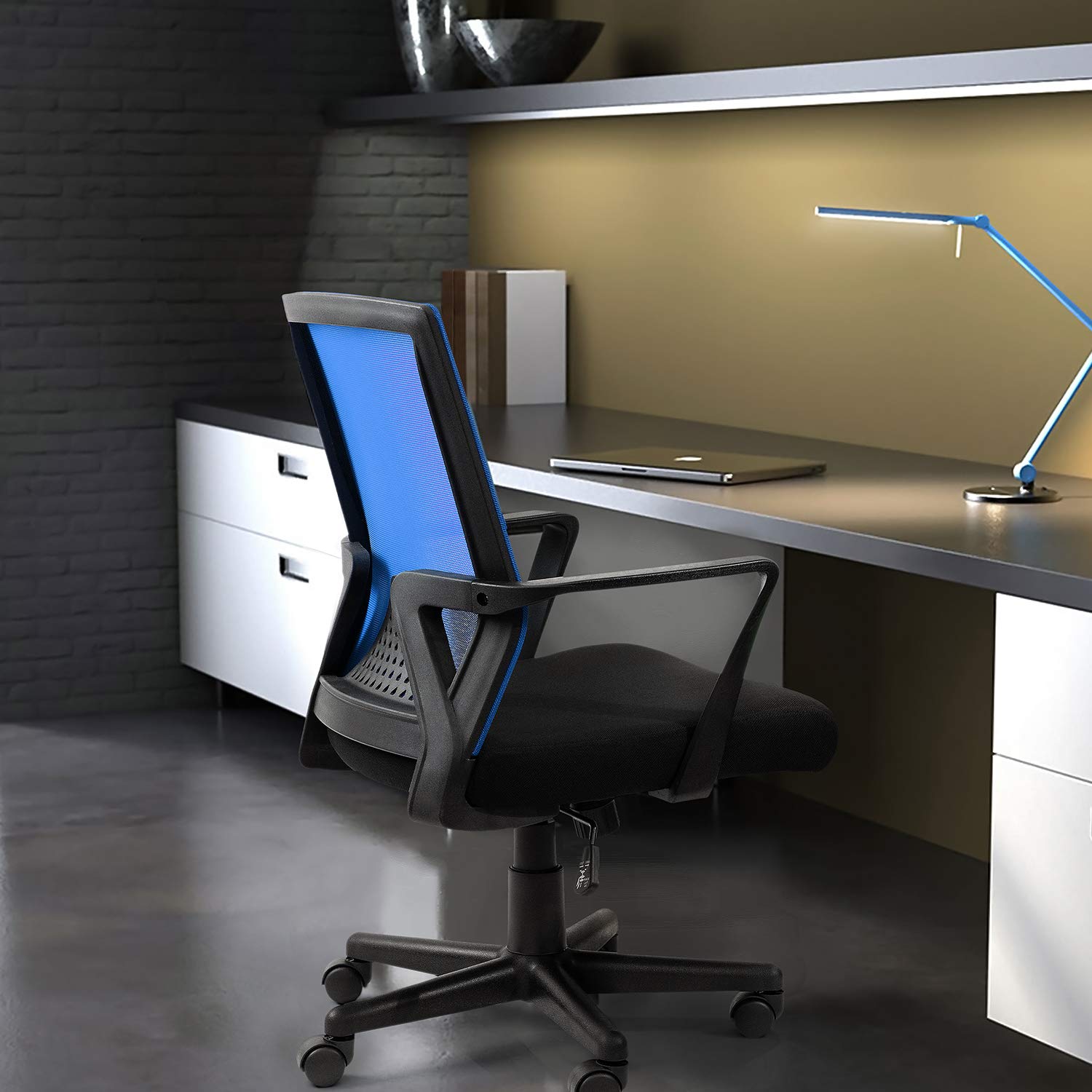 Furniwell Ergonomic Office Chair - Mid Back Mesh Computer Desk Chair with Adjustable Lumbar Support & Armrests - Modern Swivel Task Chair for Home Office (Blue) | Perfect for Long Work Hours & Remote Work