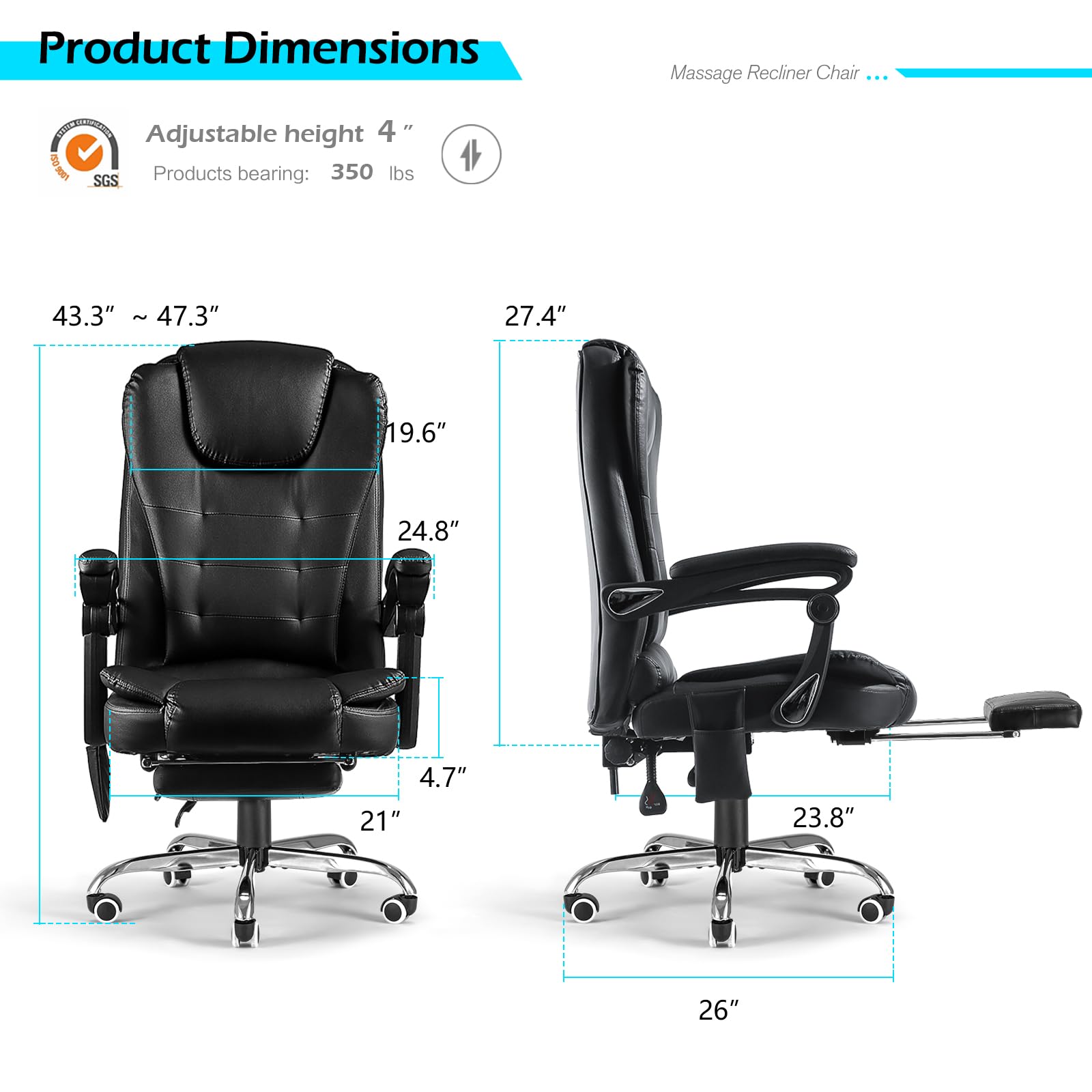 Ergonomic Heated Massage Office Chair with 7-Point Vibration, Adjustable Height & Footrest - Black Leather Computer Desk Chair for Home Office with Lumbar Support - Perfect for Long Work Sessions, Gaming & Relaxation