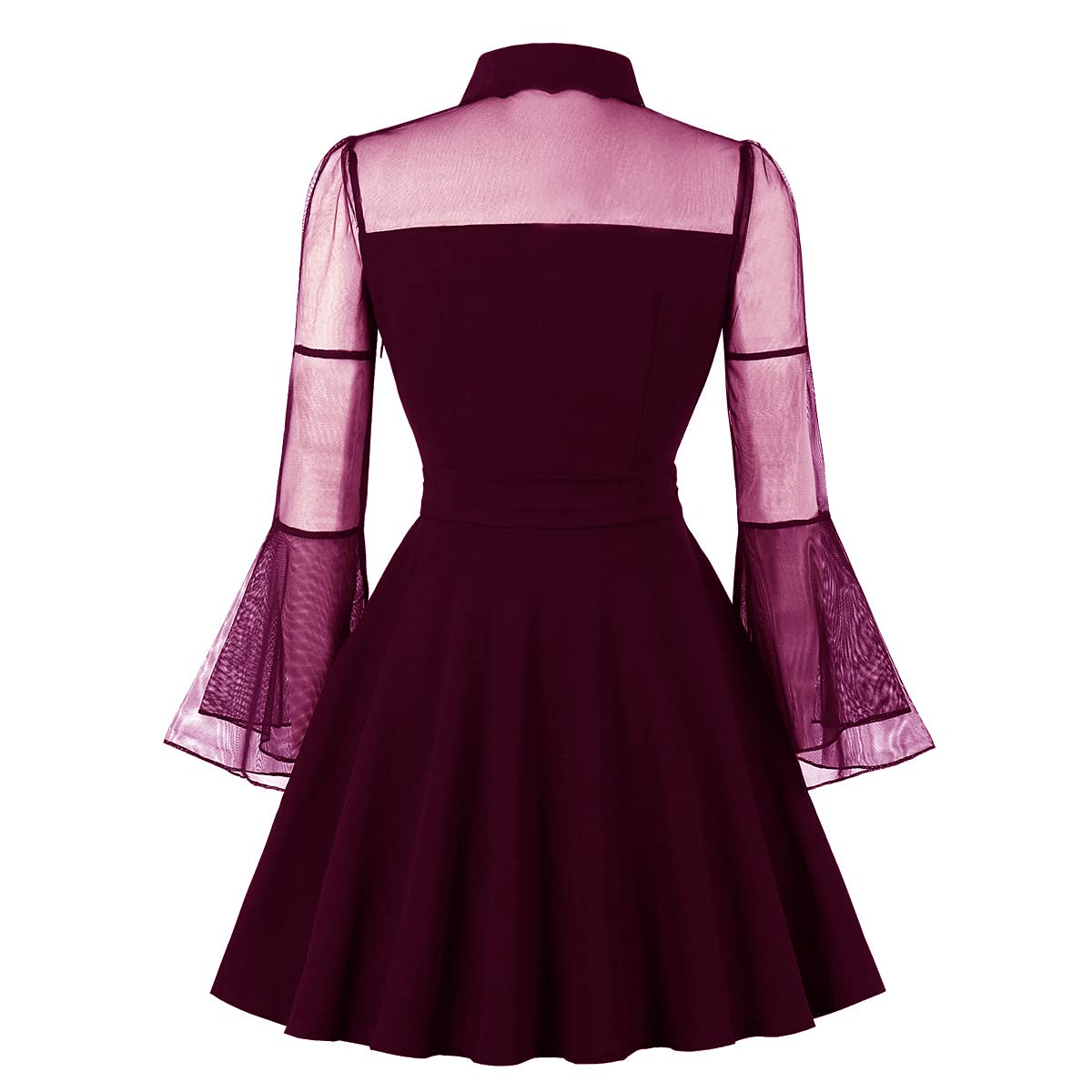 IWEMEK Women's Gothic Mesh Long Sleeve Vintage Cocktail Dress with Sheer Illusion Panels - Elegant Wedding Guest, Evening Party & Swing Dress for Gothic Lovers | Perfect for Halloween, Cosplay, Nightclubs & Special Occasions