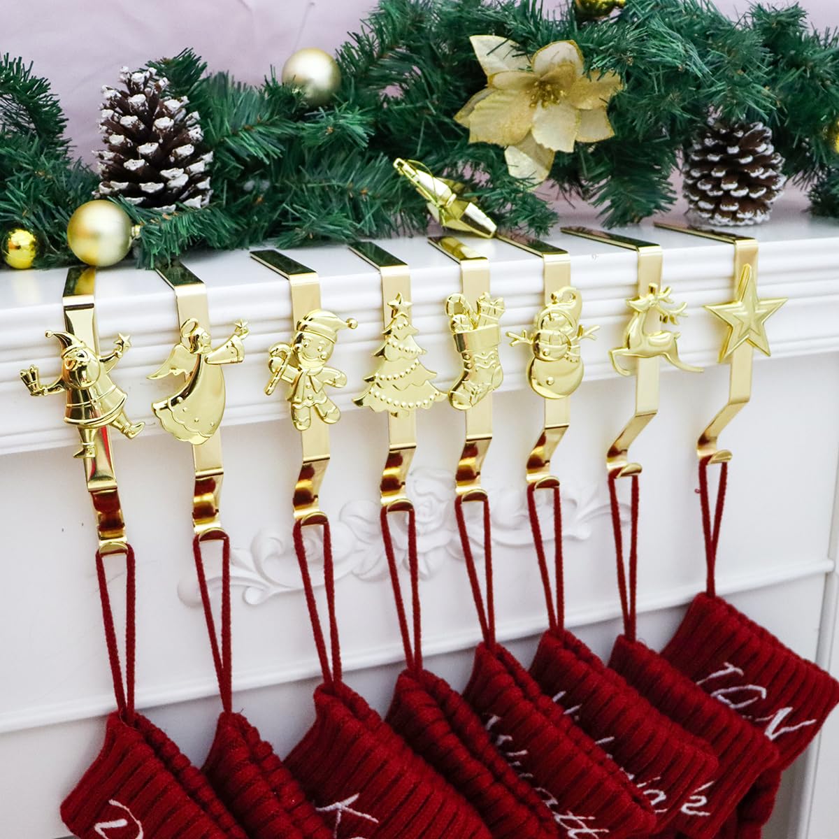 Premium Gold Christmas Stocking Hooks for Fireplace Mantle - Set of 8 Reusable No-Damage Stocking Hangers - Elegant Holiday Decor for Xmas Stockings, Perfect for Fireplace, Staircase or Wall Decorations