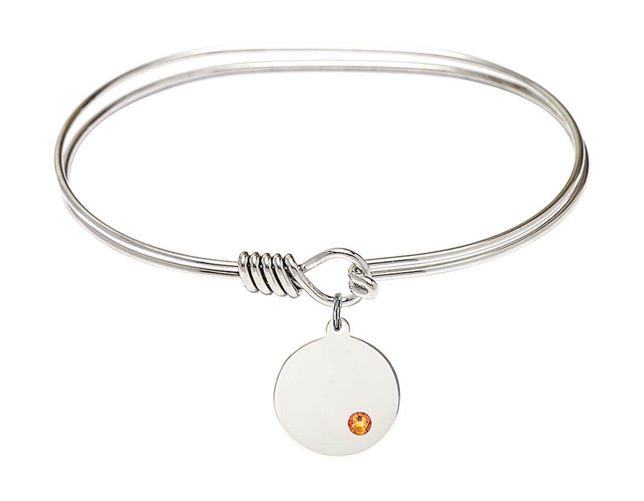 7 Inch Oval Eye Hook Bangle Bracelet with Plain Disc Charm & November Yellow Crystal - Elegant Jewelry for Women, Perfect for Parties, Weddings & Daily Wear