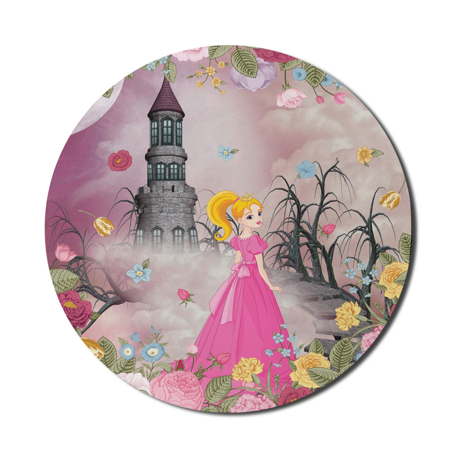 Ambesonne Cartoon Mouse Pad - Non-Slip Thick Rubber Gaming Mousepad with Castle & Flower Design, 8 Inch Round Multicolor for PC, Laptop, Office & Home Use