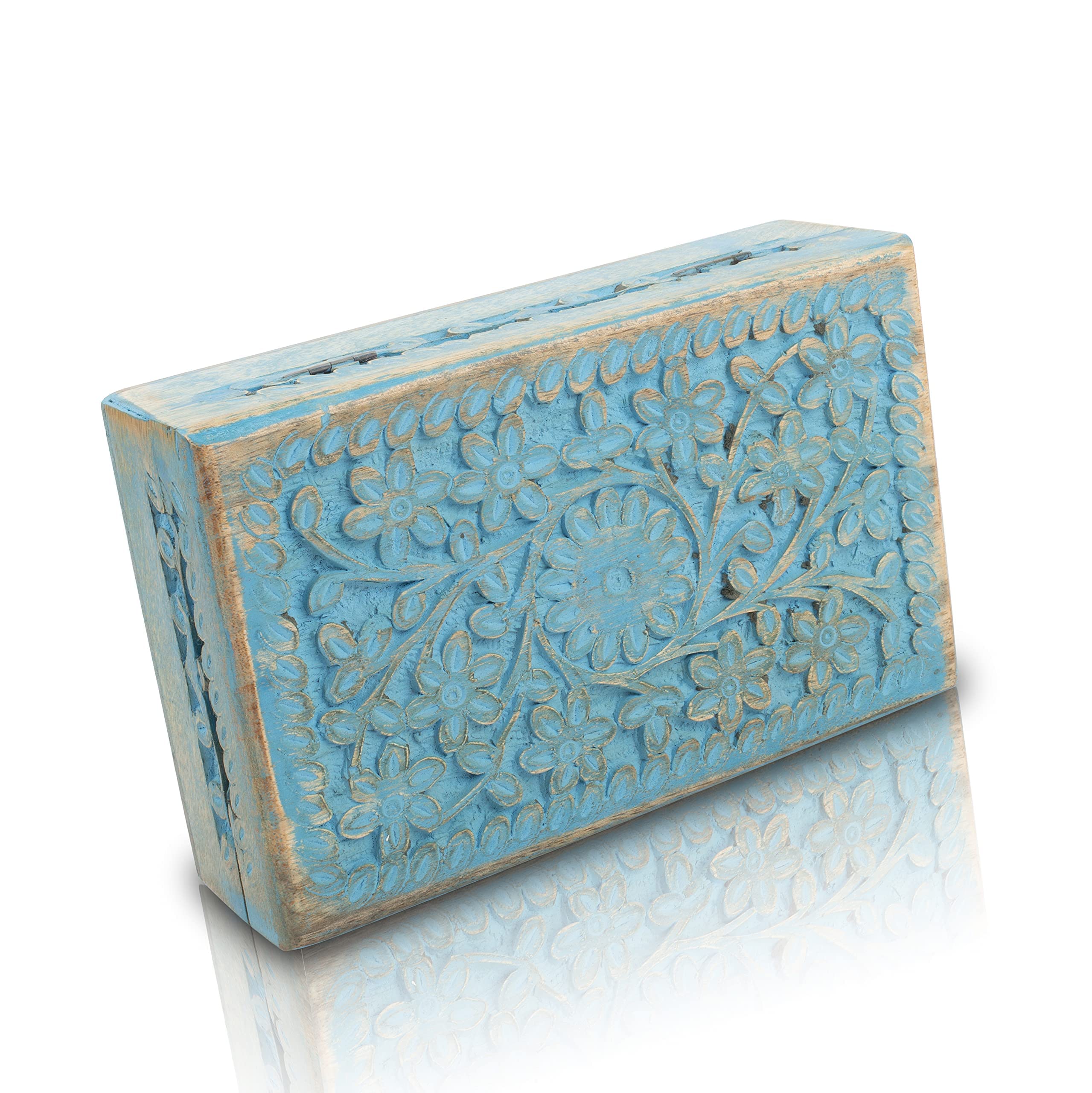 Handmade Wooden Jewelry Box with Blue Wash Finish - Elegant Jewelry Organizer, Keepsake Box & Watch Storage - Perfect Birthday, Housewarming Gift for Women - Ideal for Travel, Home Decor & Daily Jewelry Organization