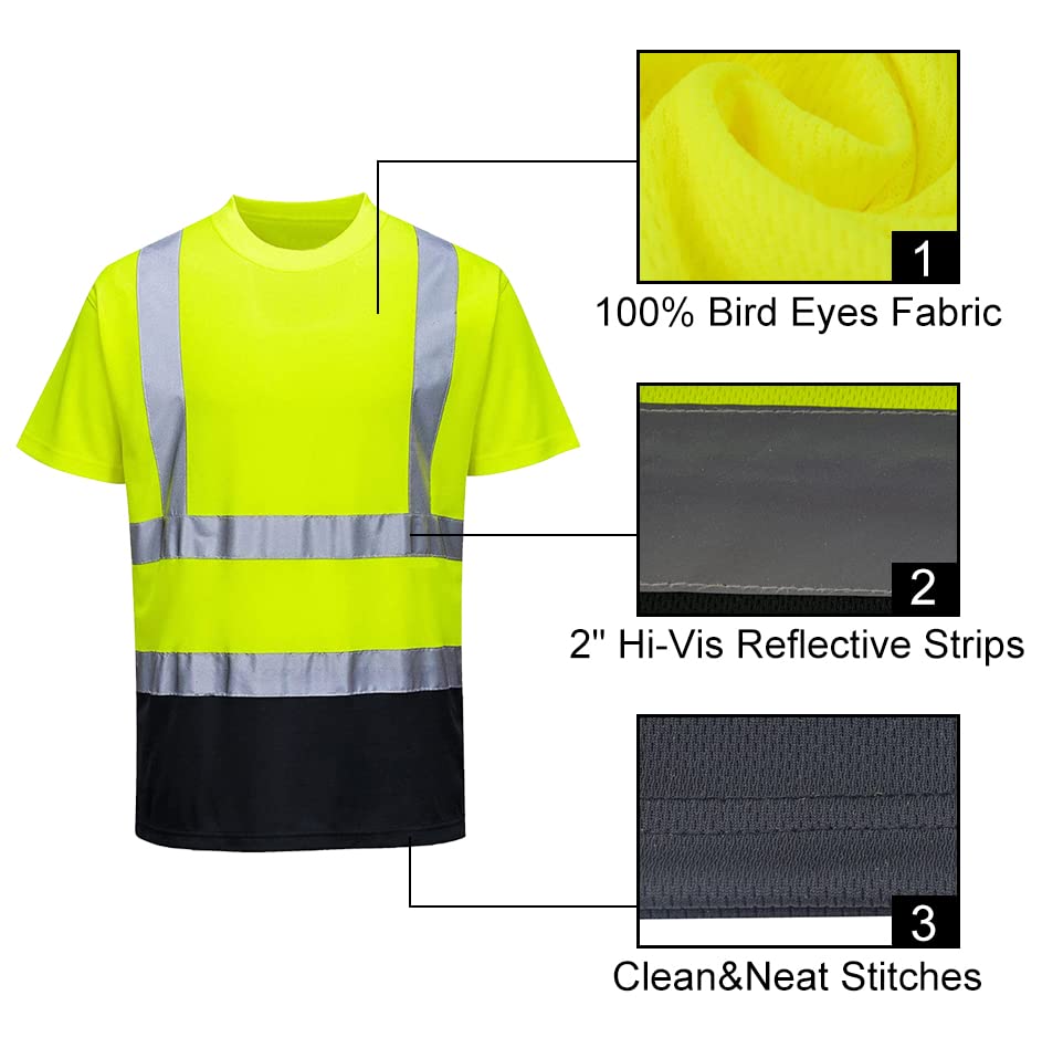 High Visibility Reflective T-Shirts for Men & Women - Safety Short Sleeve Work Shirts with Black Bottom - Perfect for Construction, Road Work, Night Running & Outdoor Activities