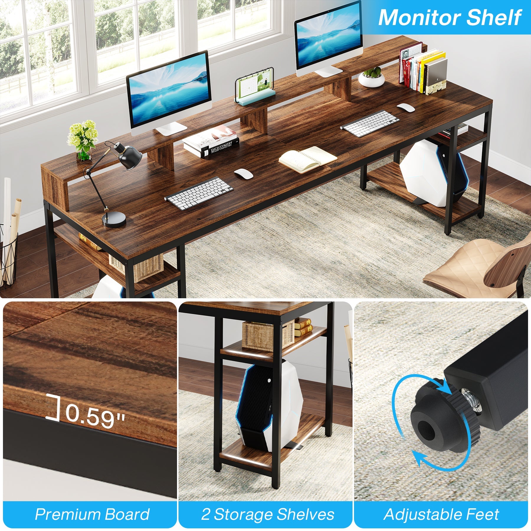 Two Person Desk - 78.7 Inch Large Computer Desk with Monitor Stand & 4 Open Shelves for Home Office, Gaming Setup, and Workspace Organization