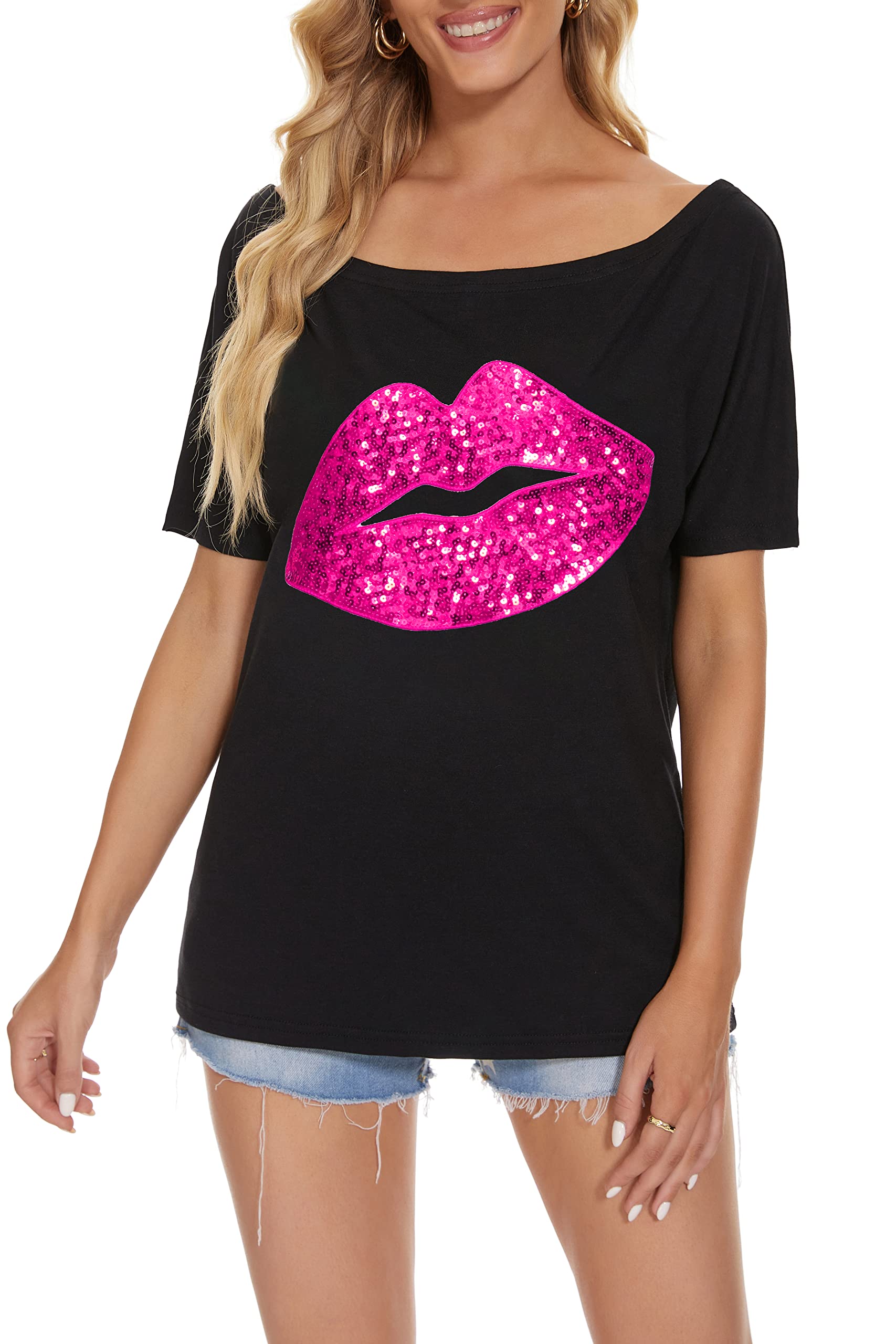 PESION Women's Off The Shoulder Tops - Sexy Shiny Metallic Blouses with Short Sleeves & Fashion Graphic Print | Perfect for Night Out, Party, Date Night & Summer Vacation