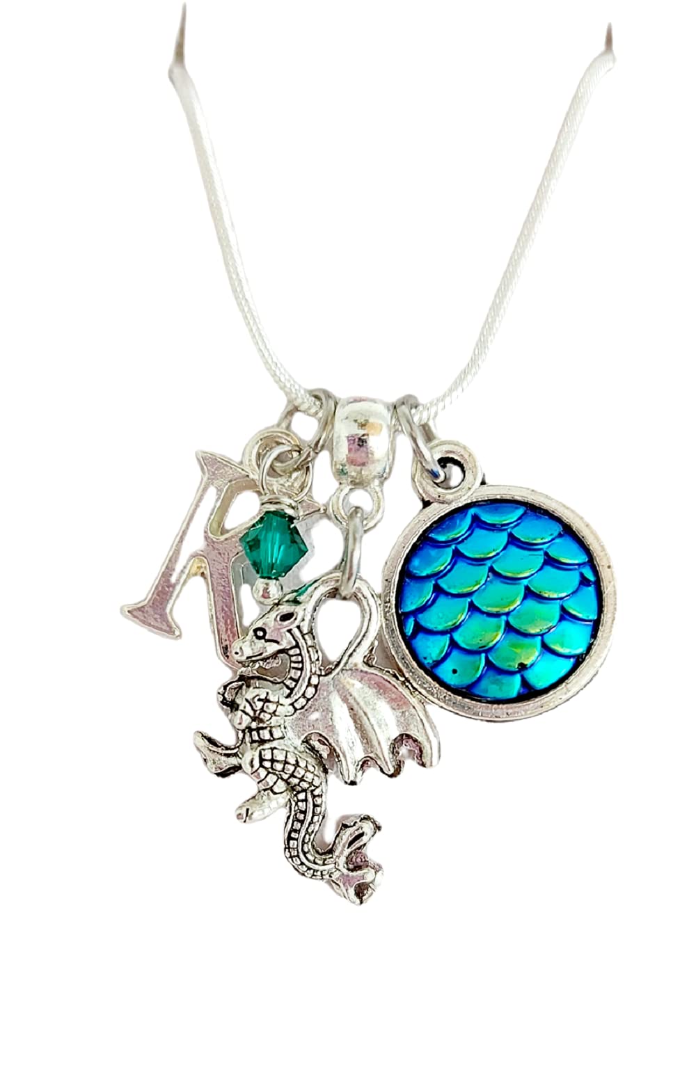 Handmade Mystical Fantasy Dragon Gothic Charm Silver Necklace - Personalized Initial & Colored Dragon Scale Pendant for Cosplay, LARP, Fantasy Costume Jewelry Gift