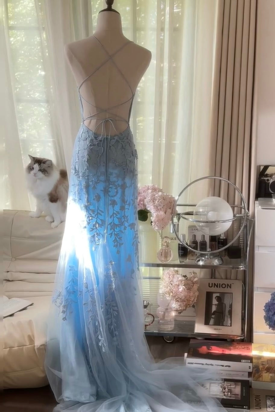 Elegant Blue Applique Prom Dress - Backless Evening Gown for Women J6551 | Perfect for Homecoming, Formal Dances & Special Occasions