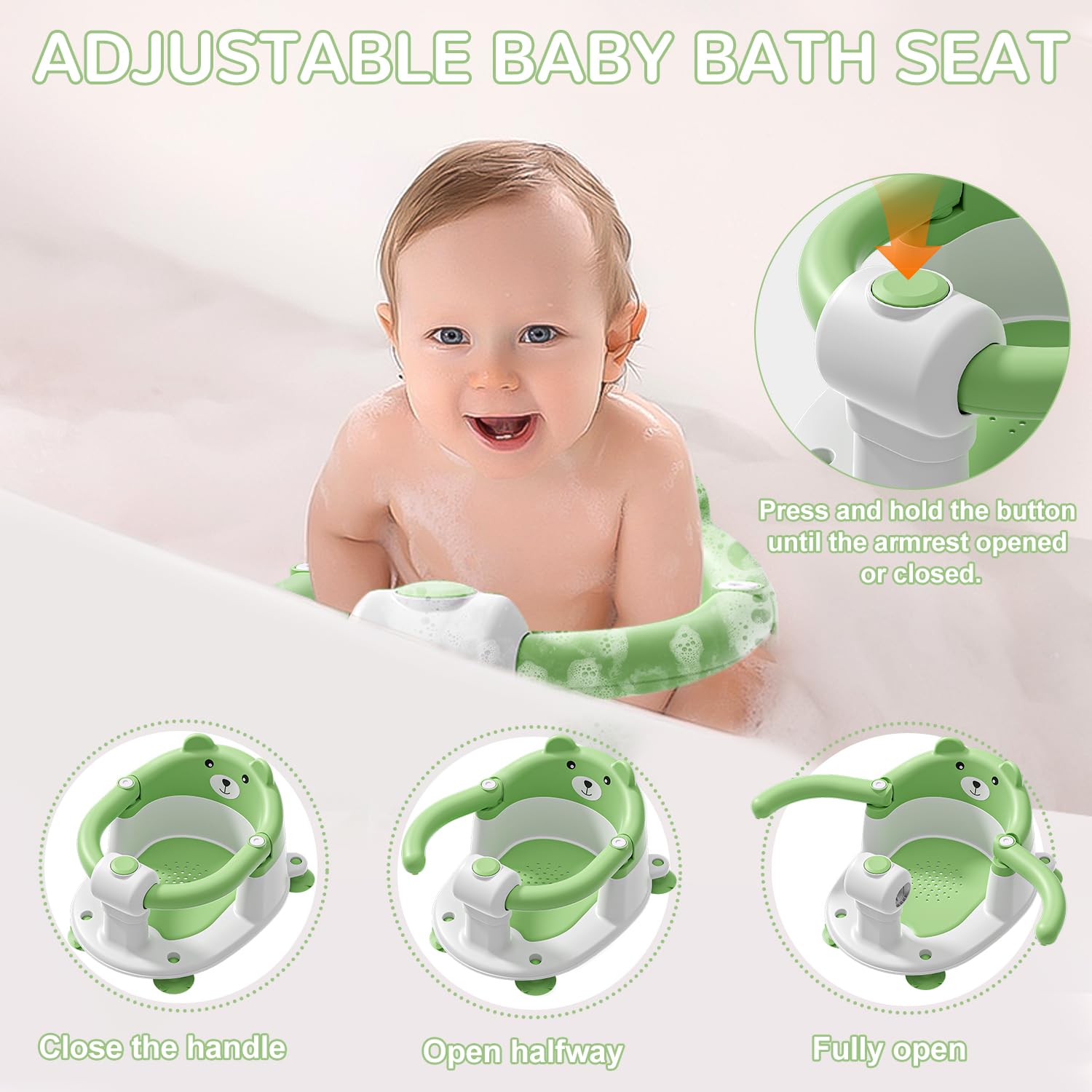 **Non-Slip Baby Bath Seat for Infants 6+ Months – Safe Toddler Bathtub Chair with 4 Suction Cups & Soft Cushion – Perfect for Newborns Learning to Sit Up – Ideal for Shower & Bath Time (Green)**