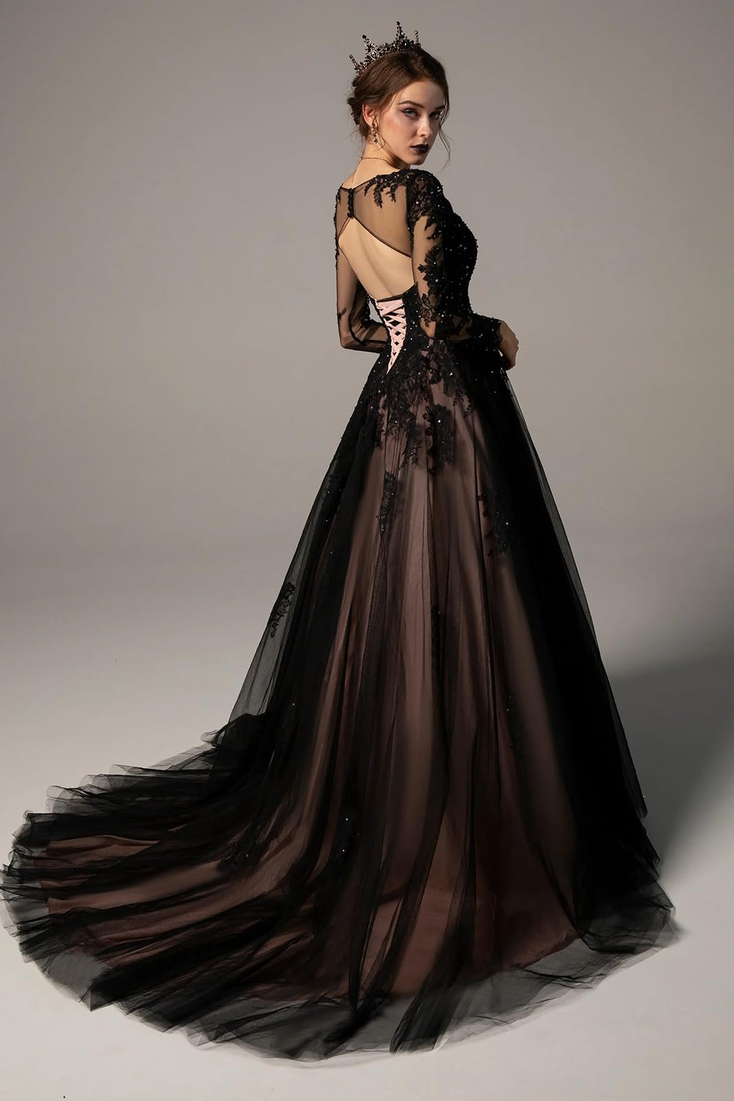 Elegant Black Long Sleeve Lace Wedding Dress for Women - Backless Bridal Gown with Appliques | Perfect for Gothic, Alternative, and Vintage Wedding Ceremonies