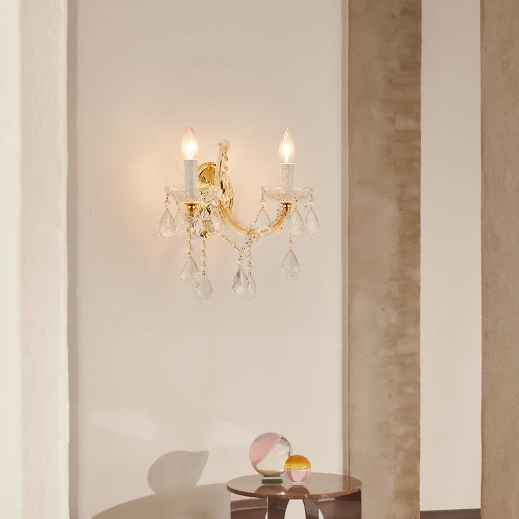 Crystal Wall Sconce Lights - Modern 2-Light Maria Theresa Style Gold Wall Lamp Fixture for Bedroom, Living Room, Hallway | Elegant Lighting for Home Decor, Bedside Reading & Corridor Ambiance