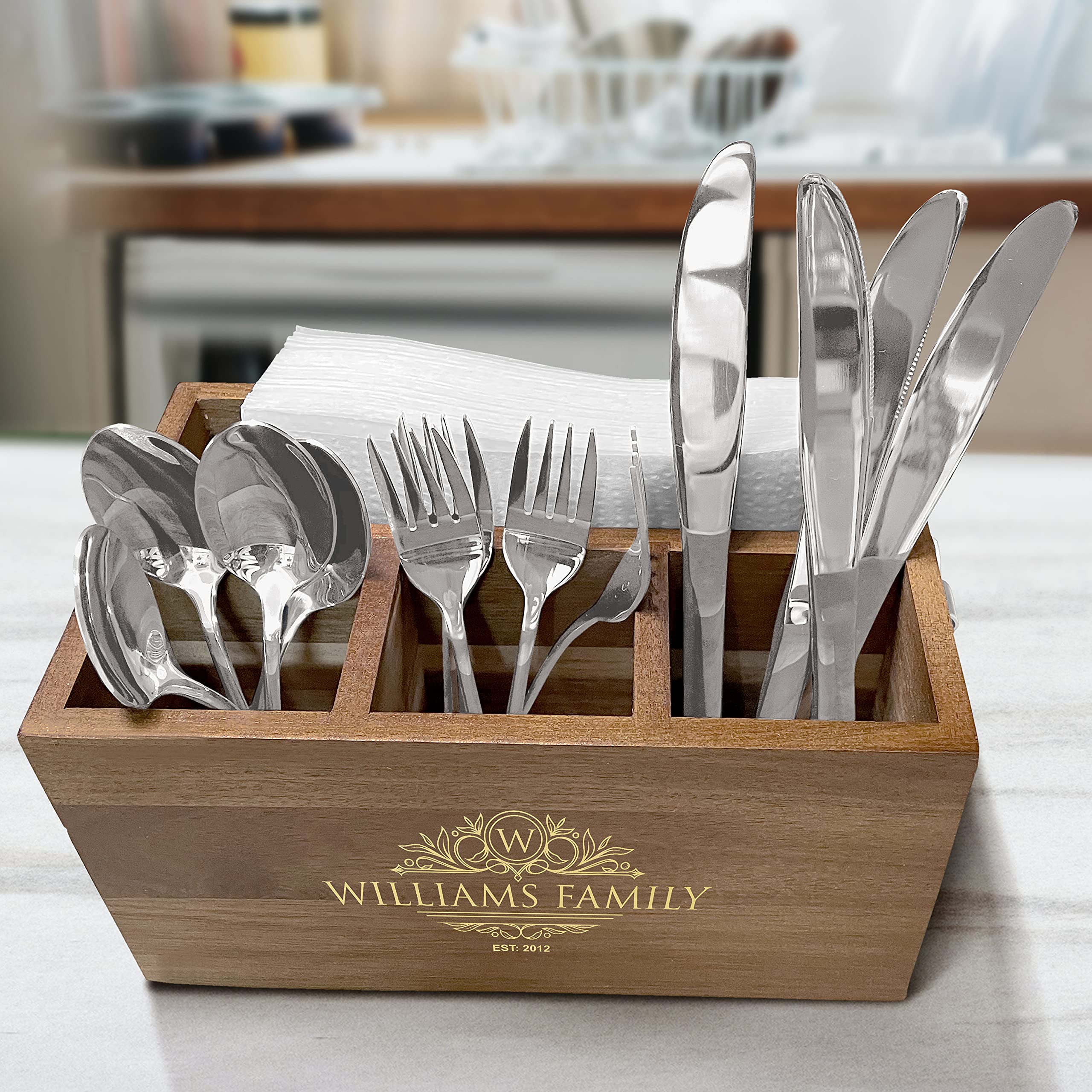 Personalized Wooden Utensil Storage Box - Traditional Kitchen Caddy Organizer for Spoons & Forks - Perfect for Wedding Gifts & Home Organization