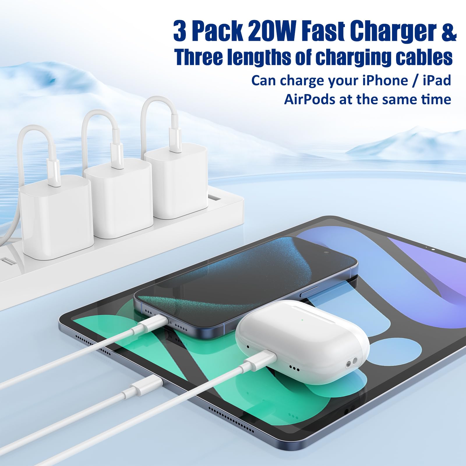 20W Fast Charger 3-Pack with 3/6/10FT USB C Cables - Compatible with iPhone 16/15/15 Plus/15 Pro Max, iPad Pro/Air, AirPods & Samsung Galaxy - Quick Charging for Home, Office & Travel