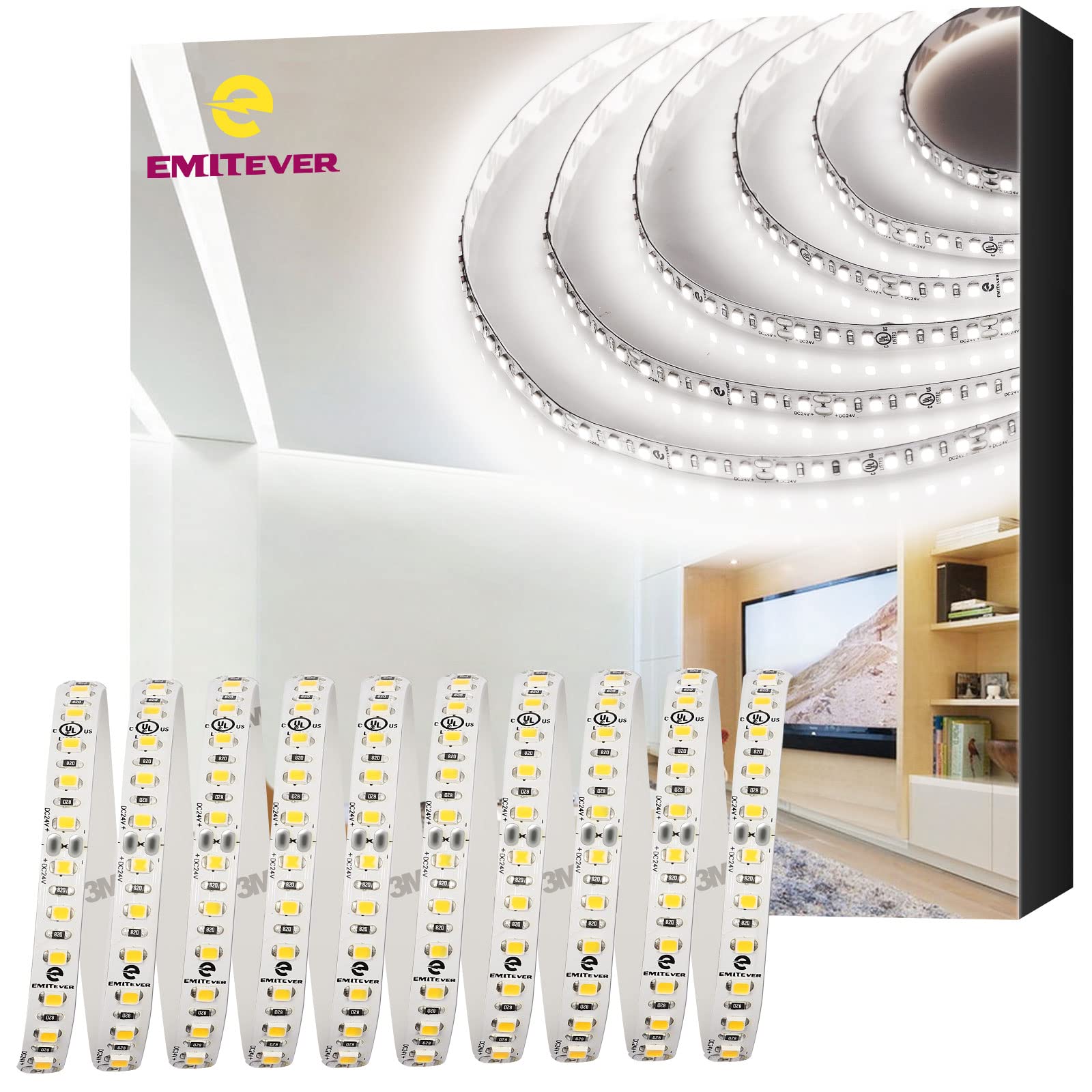 EMITEVER 32.8ft Cool White LED Strip Lights 5000K - 24V UL Listed LED Tape Light with 95+ CRI, IP30 Rating, 2.9W/ft, 240+Lumens/ft, 1200 LEDs per Spool (Power Supply Sold Separately) - Perfect for Kitchen Under Cabinet Lighting, Bedroom Accent Lights, and Commercial Display Lighting