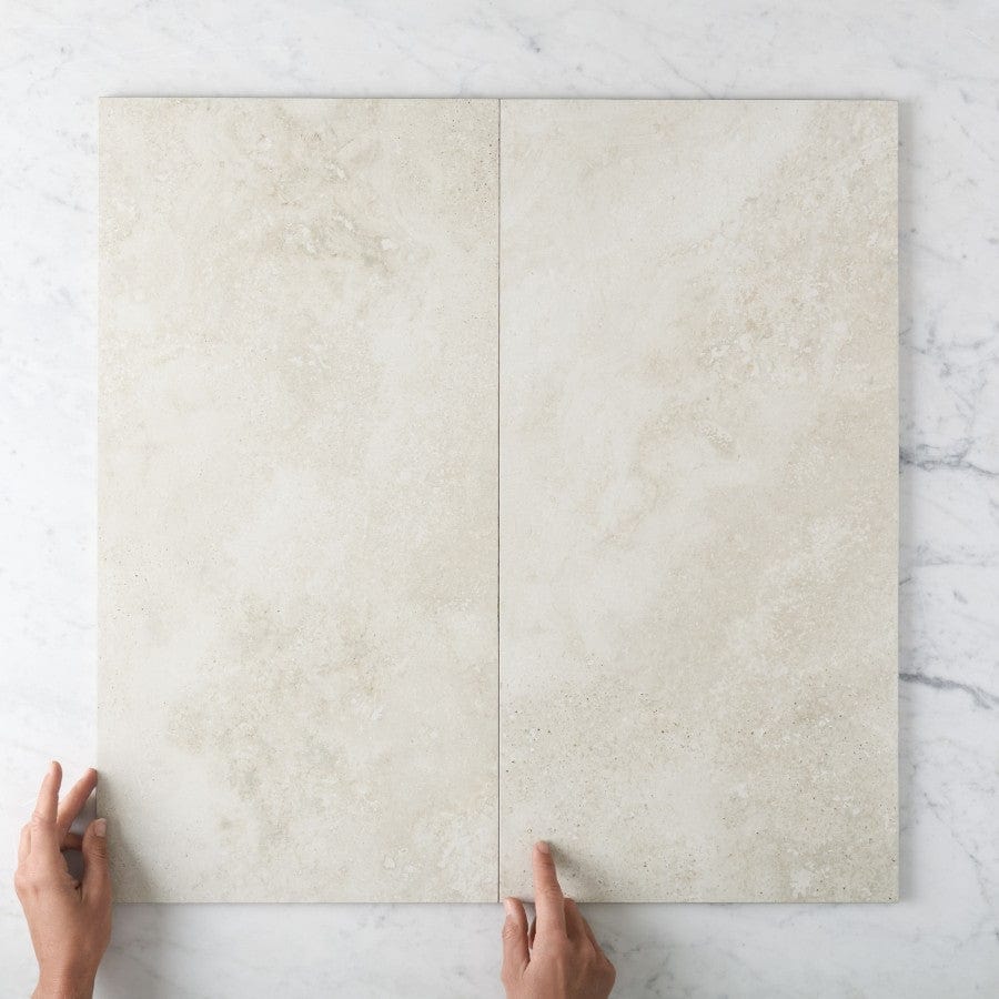 Byron Travertine Look Ivory Matte Tile - Natural Stone Effect Ceramic Floor & Wall Tile for Bathroom, Kitchen, and Living Room Decoration