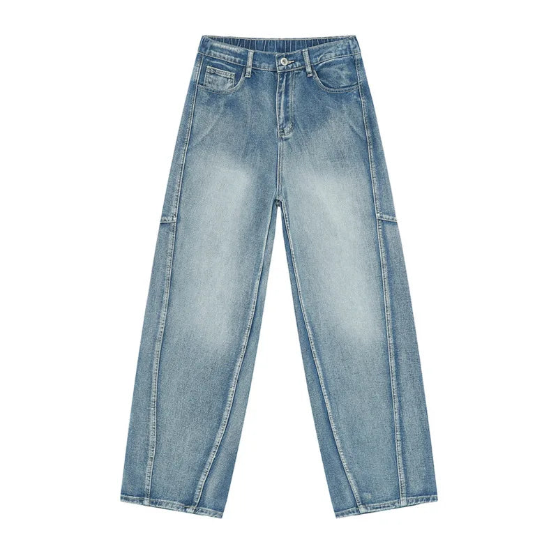American Style Men's Denim Pants - Casual Multi-Level Patchwork Straight Leg Loose Fit Wide Leg Male Jeans (Chic 9C6432) | Perfect for Streetwear, Casual Outings & Urban Fashion
